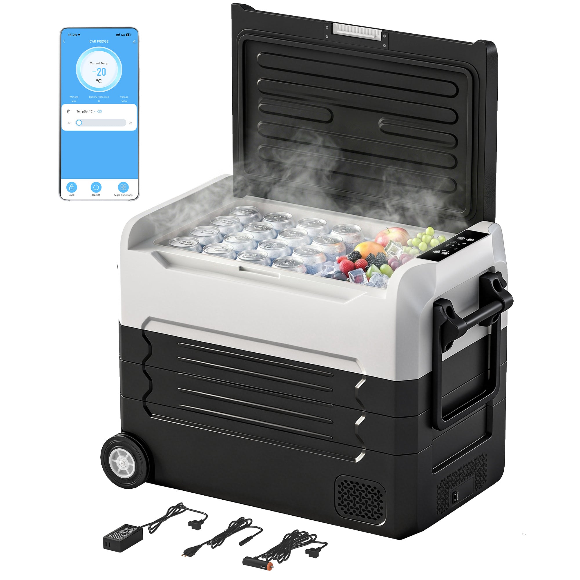 Outsunny 50 L Duebel-Zonen Kompressor-Kühlschrank (−20 °C bis 20 °C) Portable elektrescht Auto-Frigo mat App, LED, Batterieschutz, Faltgräif — 12/24V DC & 110–230V AC