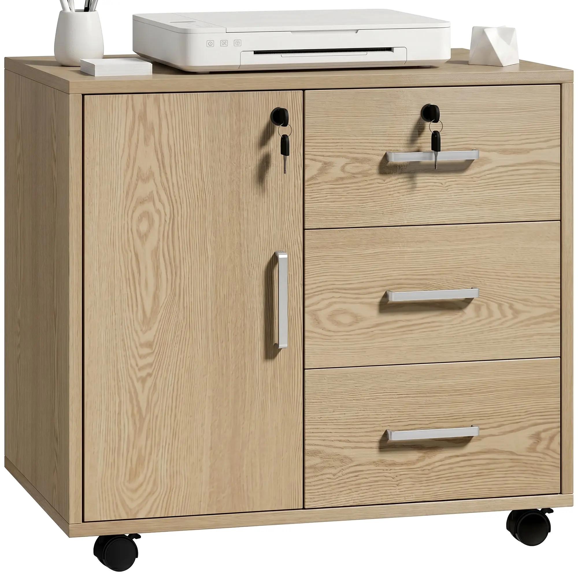 Office Mobile Pedestal with 3 Drawers & Adjustable Shelf, Lockable Cabinet on Casters, 23.6 x 15.7 x 22.0 in (60 x 40 x 56 cm) – Light Brown