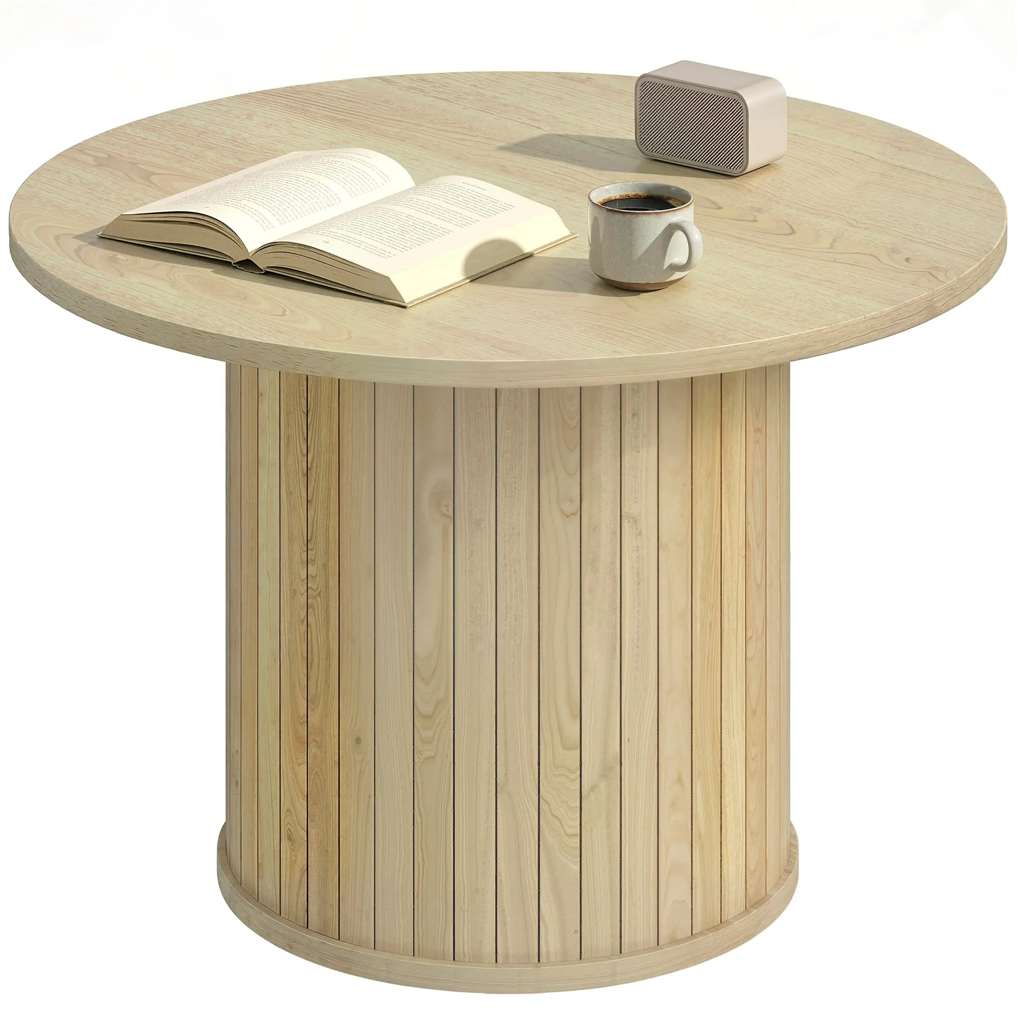 Round Coffee Table, Low Living Room Table with Slatted Pedestal Base, for Living Room or Bedroom, Ø23.6 x 15.7 in, Natural Wood