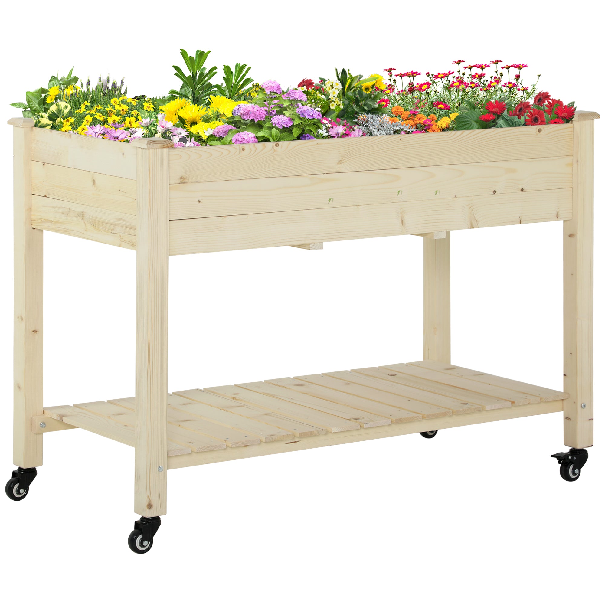 Outsunny Dvigovani urban vrtnarski pult 118x55x83 cm Lesena dvignjena greda s policami Geotekstilna tkanina Kolesa s zavorami Praktično za vrtnarjenje na vrtni terasi Naravna barva