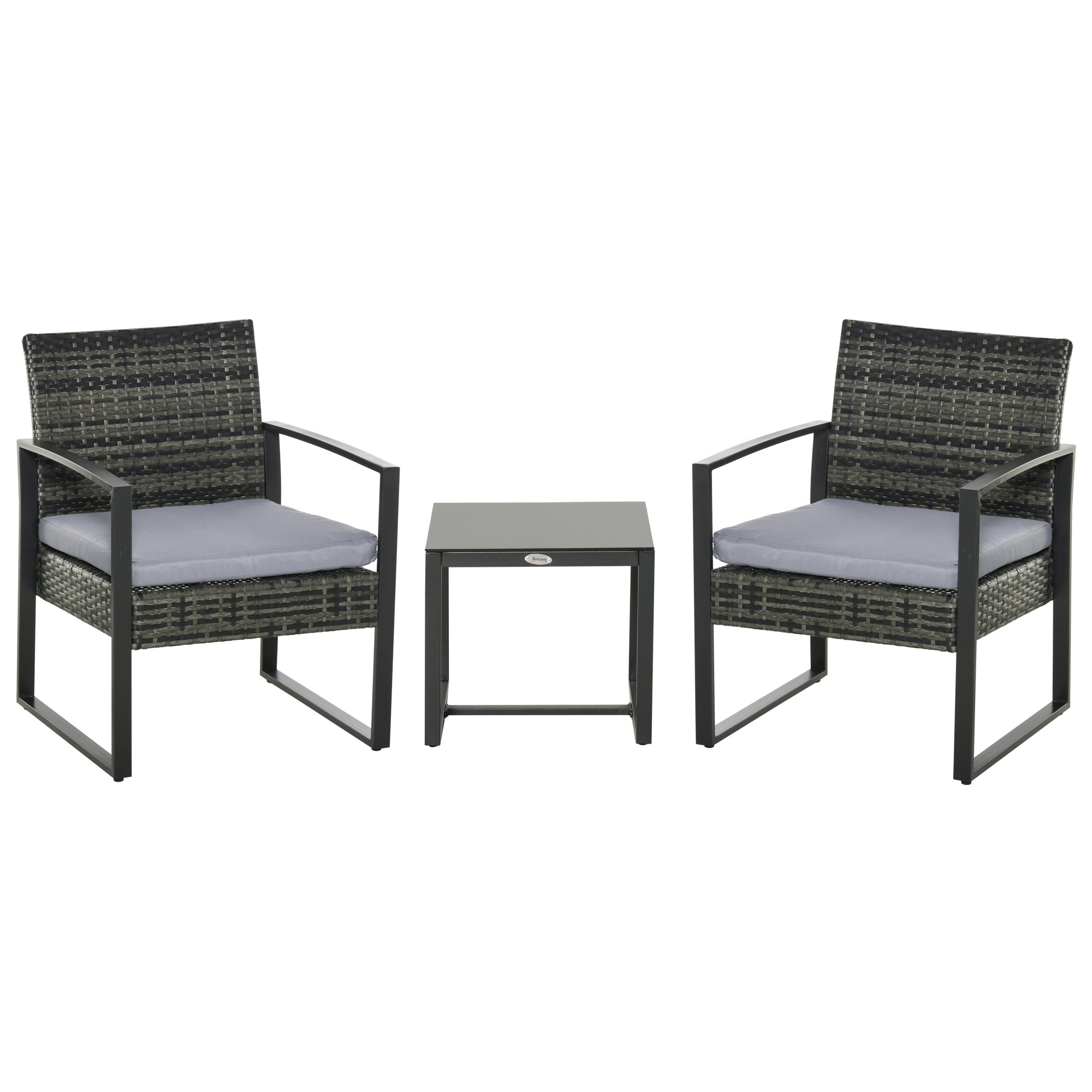 Outsunny Polyrattan Dārza Mēbeļu Komplekts, Āra Balkona Mēbeles 2 Personām, 3 Daļu Sēdvietu Grupa ar 2 Krēsliem, Galda Sēdeklis, Laika Apstākļu Noturīgas Dārza Mēbeles Dārzam, Terasei, Pelēks