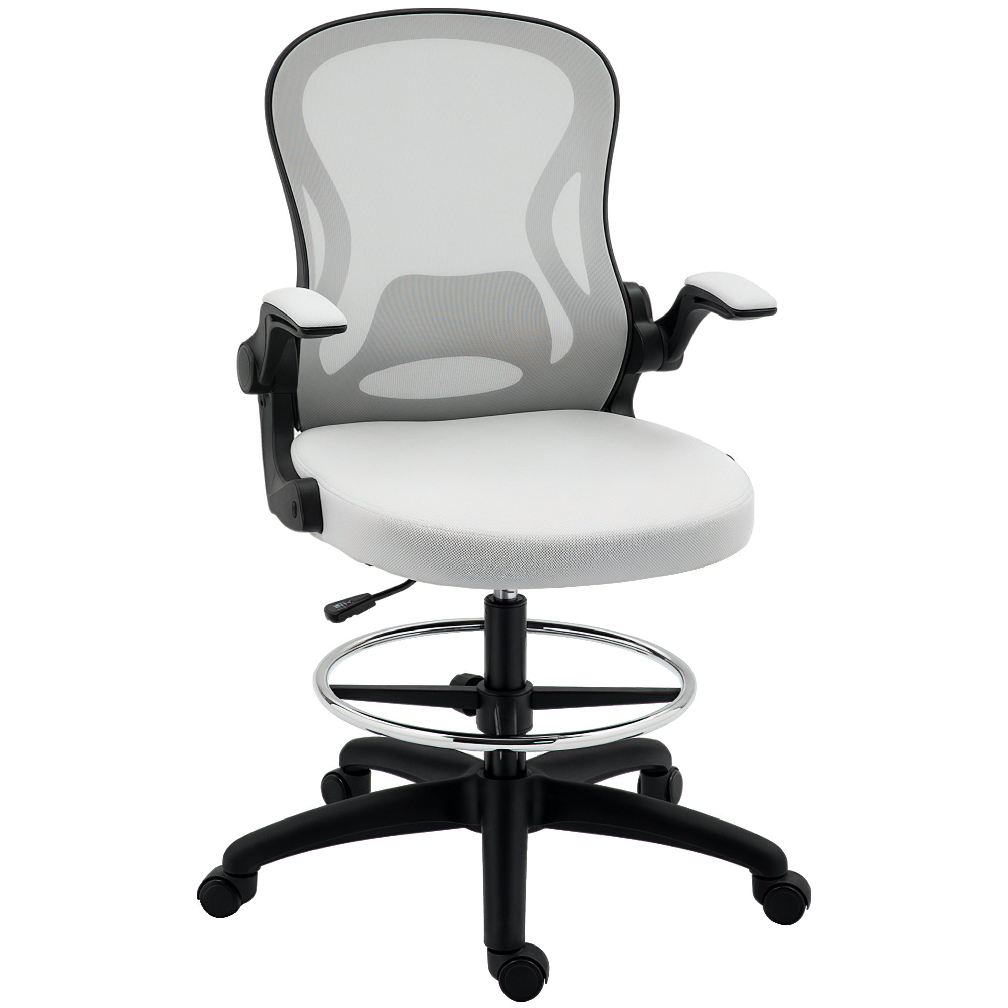 Swivel Drafting Chair Office Chair High Chair with Medium Back Lumbar Support Flip-Up Armrests Adjustable Height Load 120 kg 59x65x102-122 cm Light Gray