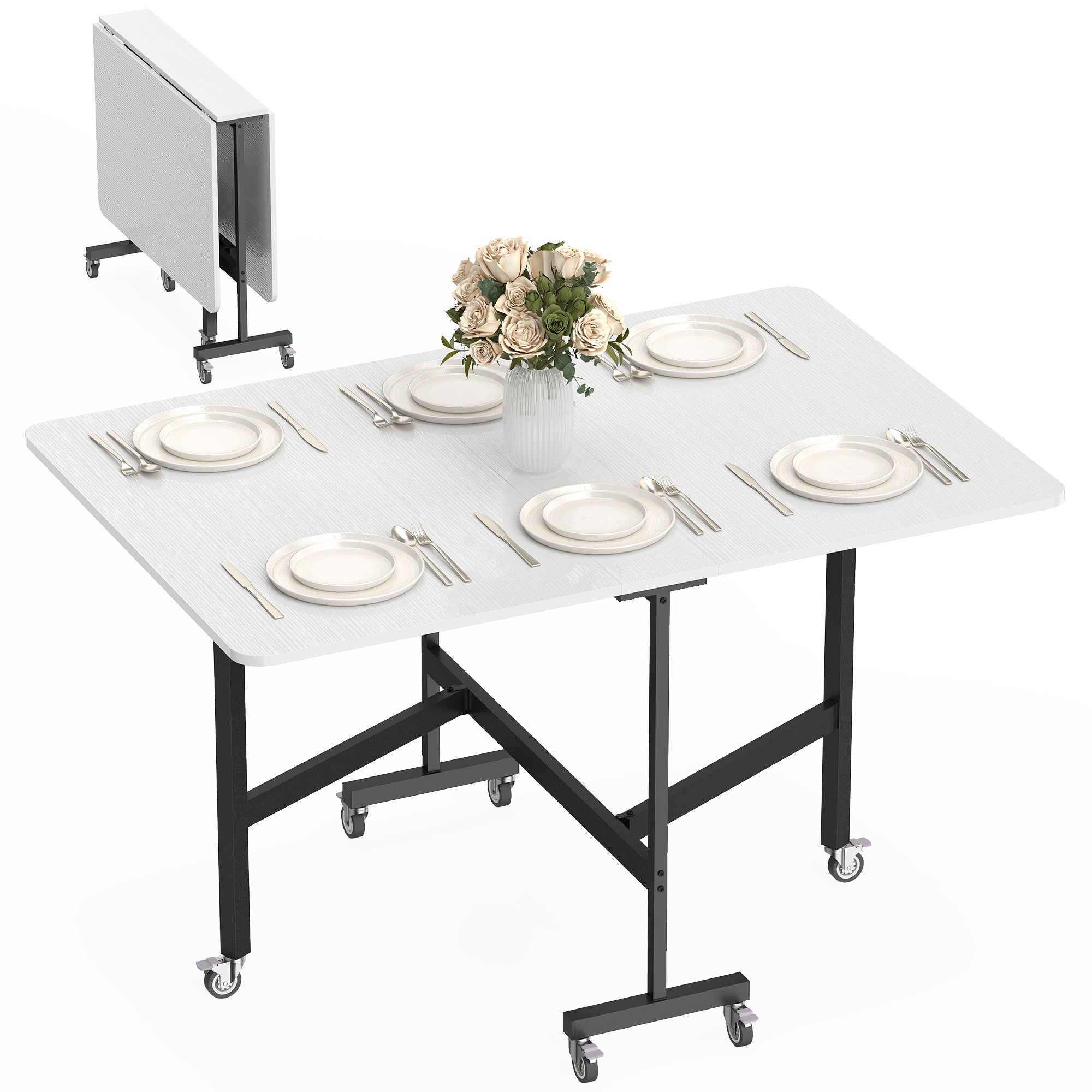 HOMCOM foldbart spisebord til 4–6 personer med hjul og stålfødder — pladsbesparende mobilt bord til små køkkener, 120 x 80 x 73 cm, hvid
