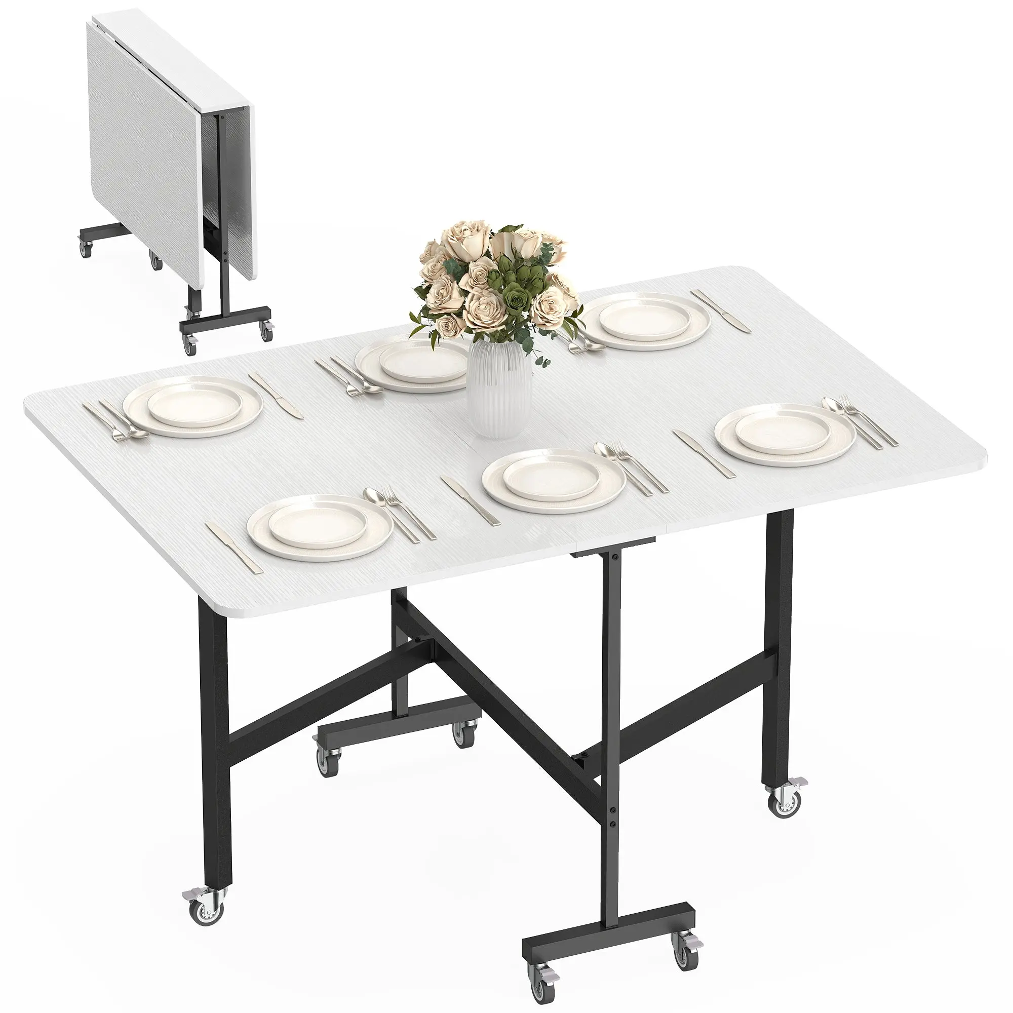 Folding Dining Table for 4–6, Drop Leaf Extendable Dining Table with Wheels, Space-Saving Kitchen Table for Small Spaces, White