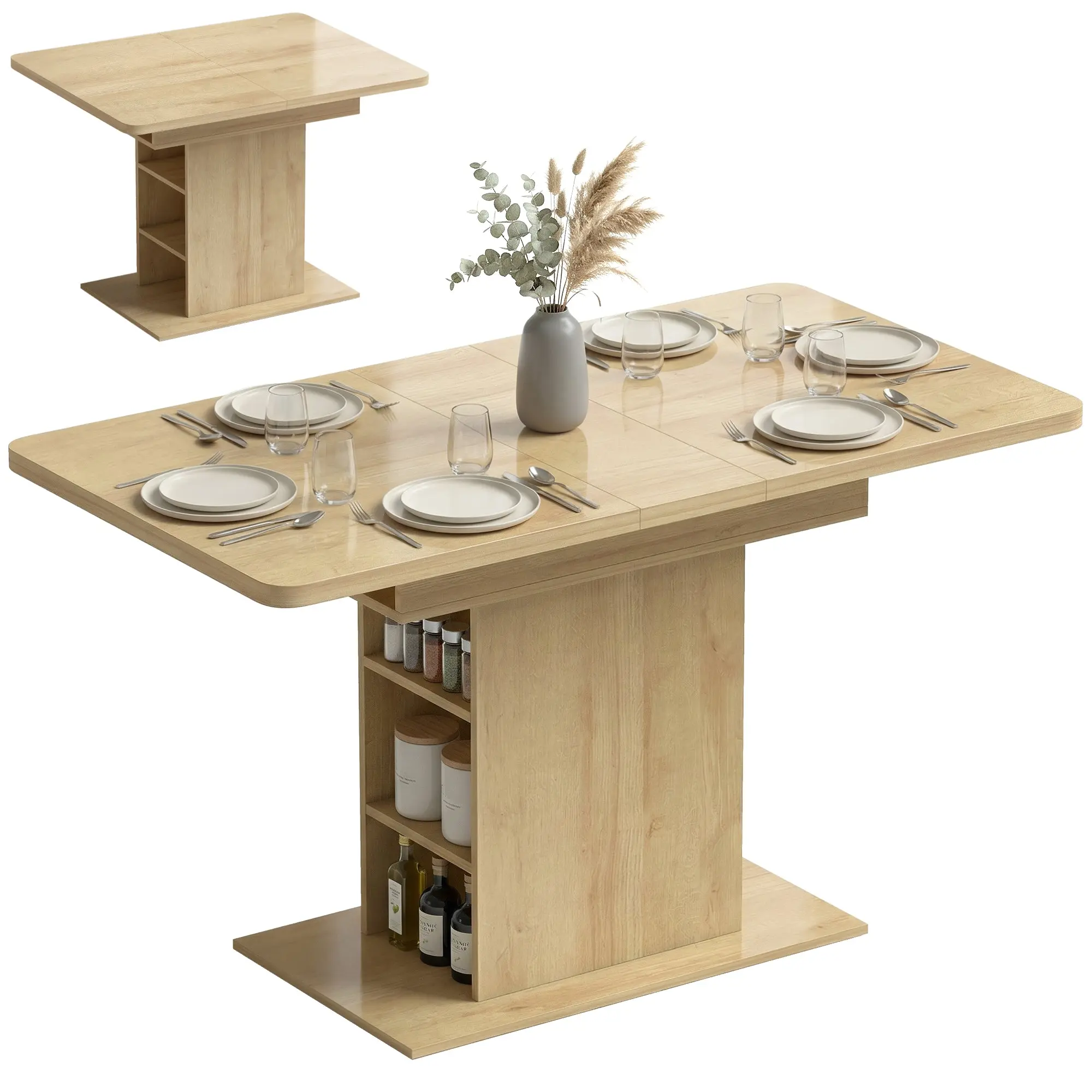 Extendable Dining Table 4–6 Seats, 43–51 x 27.6 in, 6 Shelves, Natural Wood
