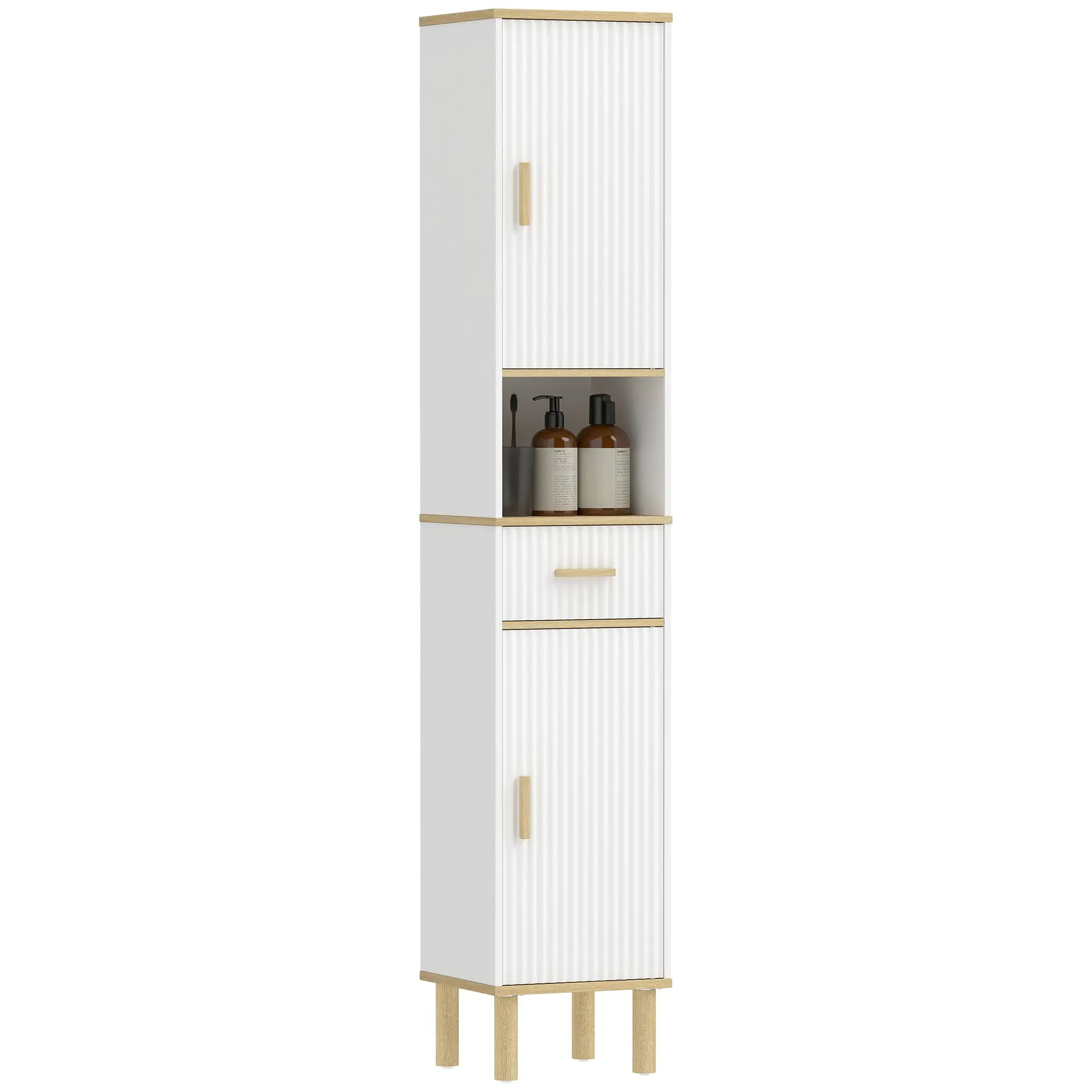 Tall Narrow Bathroom Cabinet — Slim Storage with Adjustable Shelves, Grooved Doors, Drawer & Open Shelf, Pine Legs — 12.4 x 11.7 x 67.6 in (31.5 x 29.7 x 171.5 cm), White