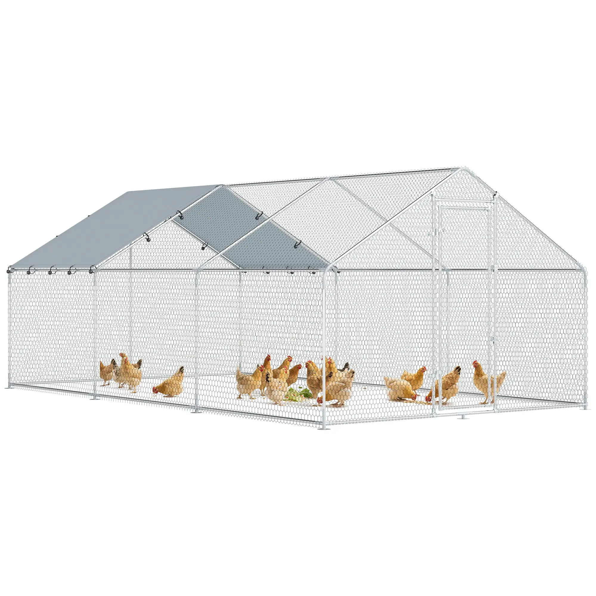 Large Outdoor Chicken Run, 5.1 x 3 x 1.9 m (16.7 x 9.8 x 6.2 ft), Galvanized Steel, Double-Lock Door, 420D Oxford Cover, UV & Waterproof, Walk-In Design, for 15–24 Chickens, Silver