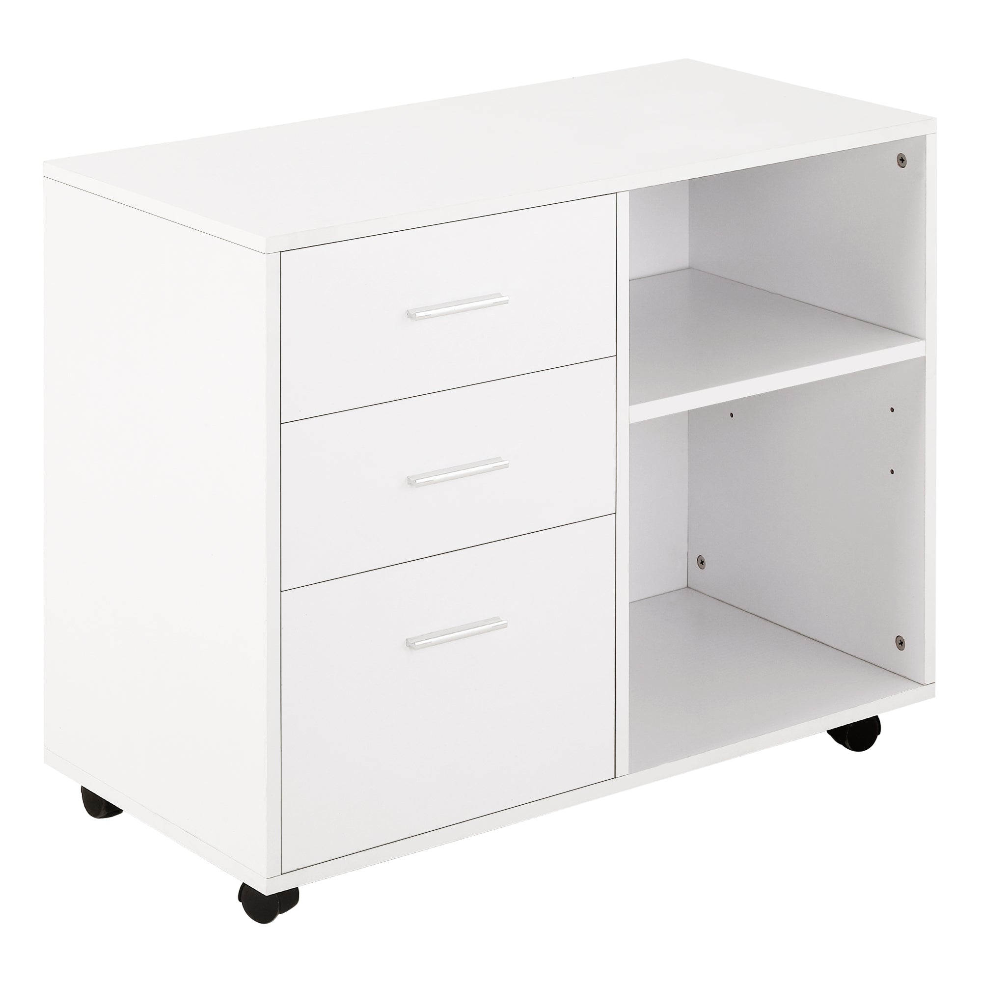 HOMCOM Drëpsfënster mat 3 Zichrieder an ajustéierbarem Regal mat Rieder - Grouss Späicherkapazitéit 80x40x65 cm Weiß