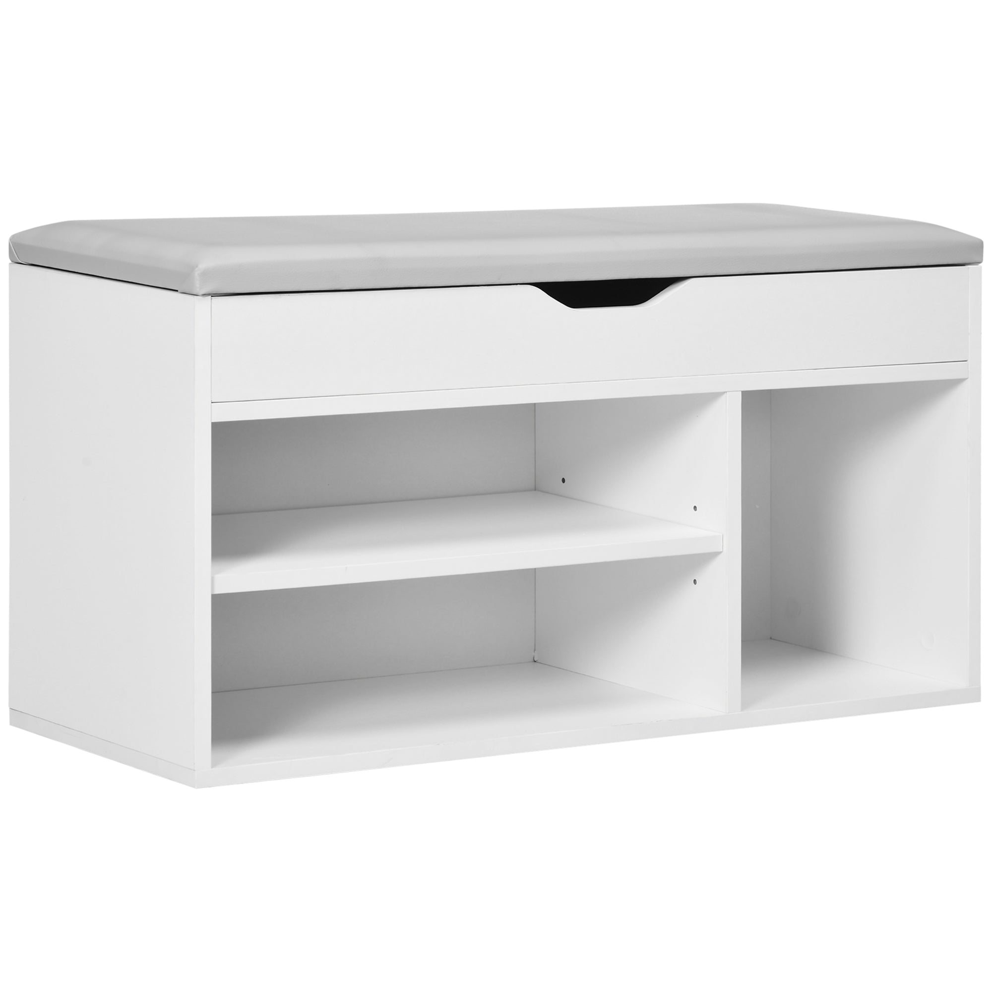 HOMCOM Schuhschrank Aufbewahrungsbank mit Sitz, Regalen, Schublade und Polster, zwei Ebenen für Eingangsbereiche und Flure, modern, max. Belastung 120kg, 80x30x43cm, Weiß