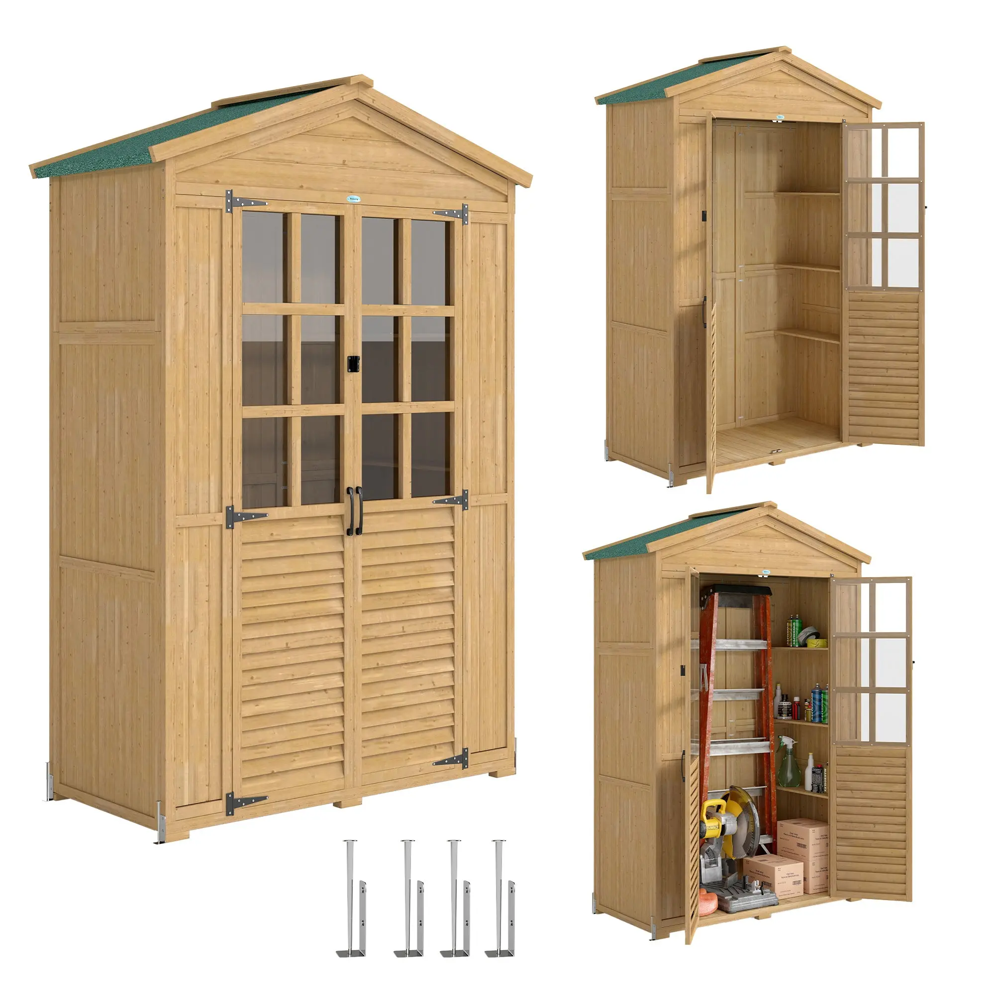 Pine Garden Shed with Shelves & Acrylic Windows, Sloped Asphalt Roof, Lockable Doors — 128 x 57.5 x 197 cm (50.4 x 22.6 x 77.6 in), Light Brown
