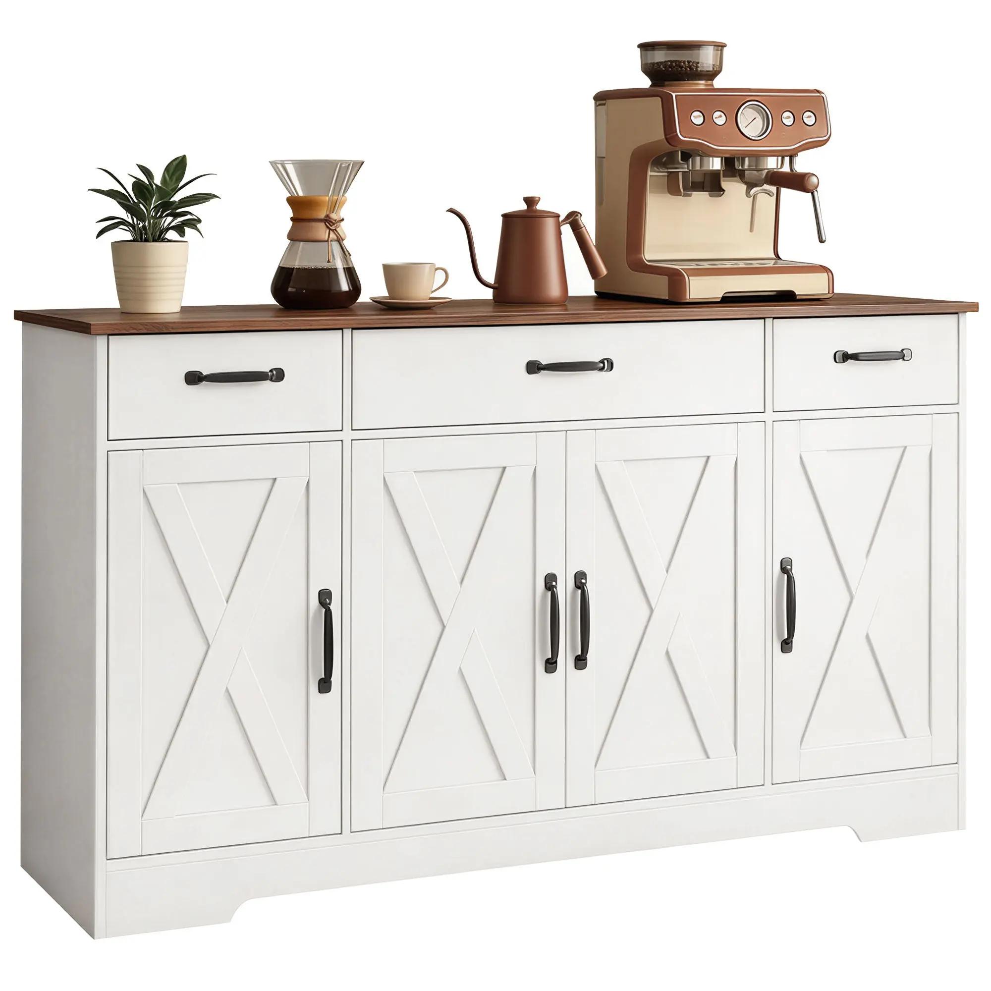 Sideboard with Sliding Barn Doors, 3 Drawers & Adjustable Shelves — TV Stand up to 60" — 140 x 40 x 81 cm (55.1 x 15.7 x 31.9 in) — White