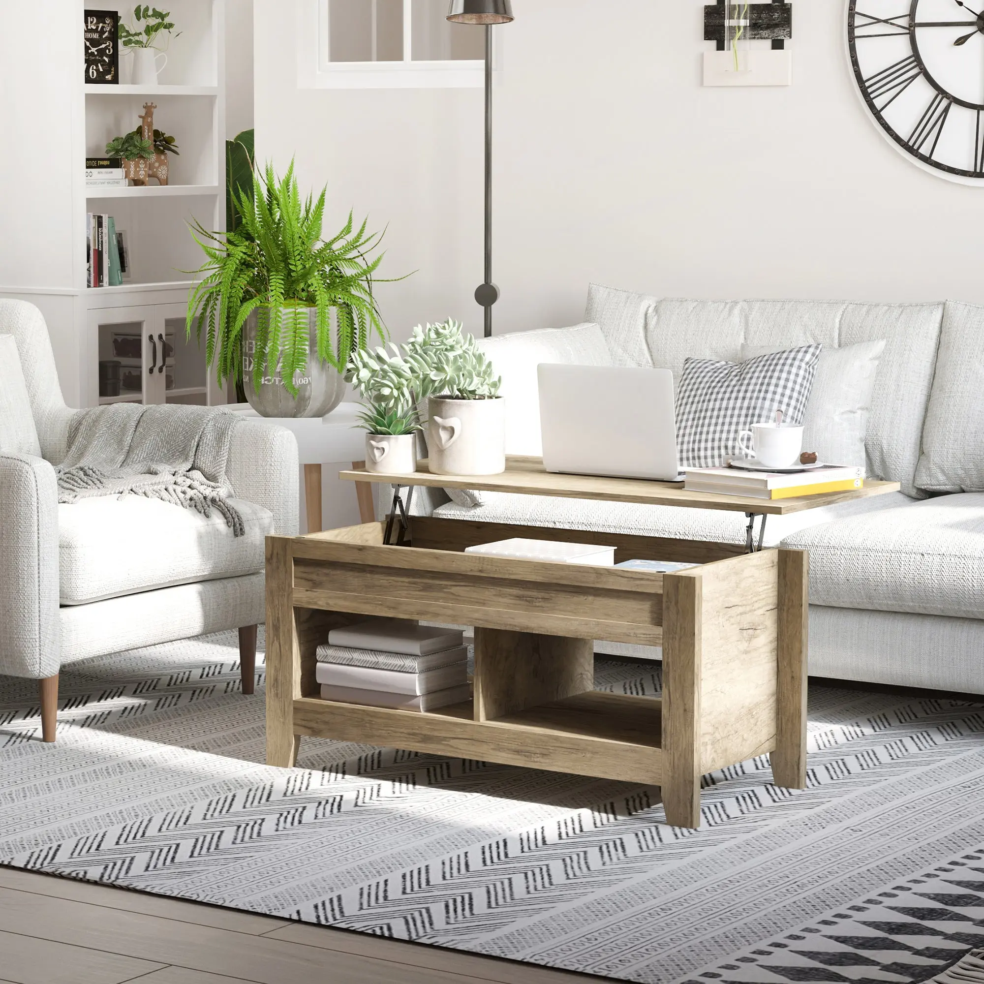 Lift Top Coffee Table, Living Room Table with Shelves and Hidden Compartment, 105 x 50 x 49-62.5 cm for Living Room, Bedroom, Oak Wood