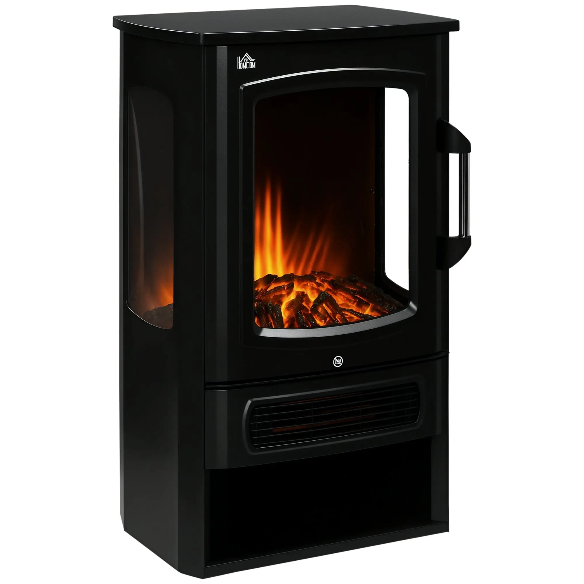 HOMCOM LED Elpejs Stående Pejs med Flammeeffekt 1000/2000W Indendørs Varmeblæser Panoramavindue Elpejs med Varme 2 Varmeindstillinger Stål Sort 44,5 x 32 x 74 cm