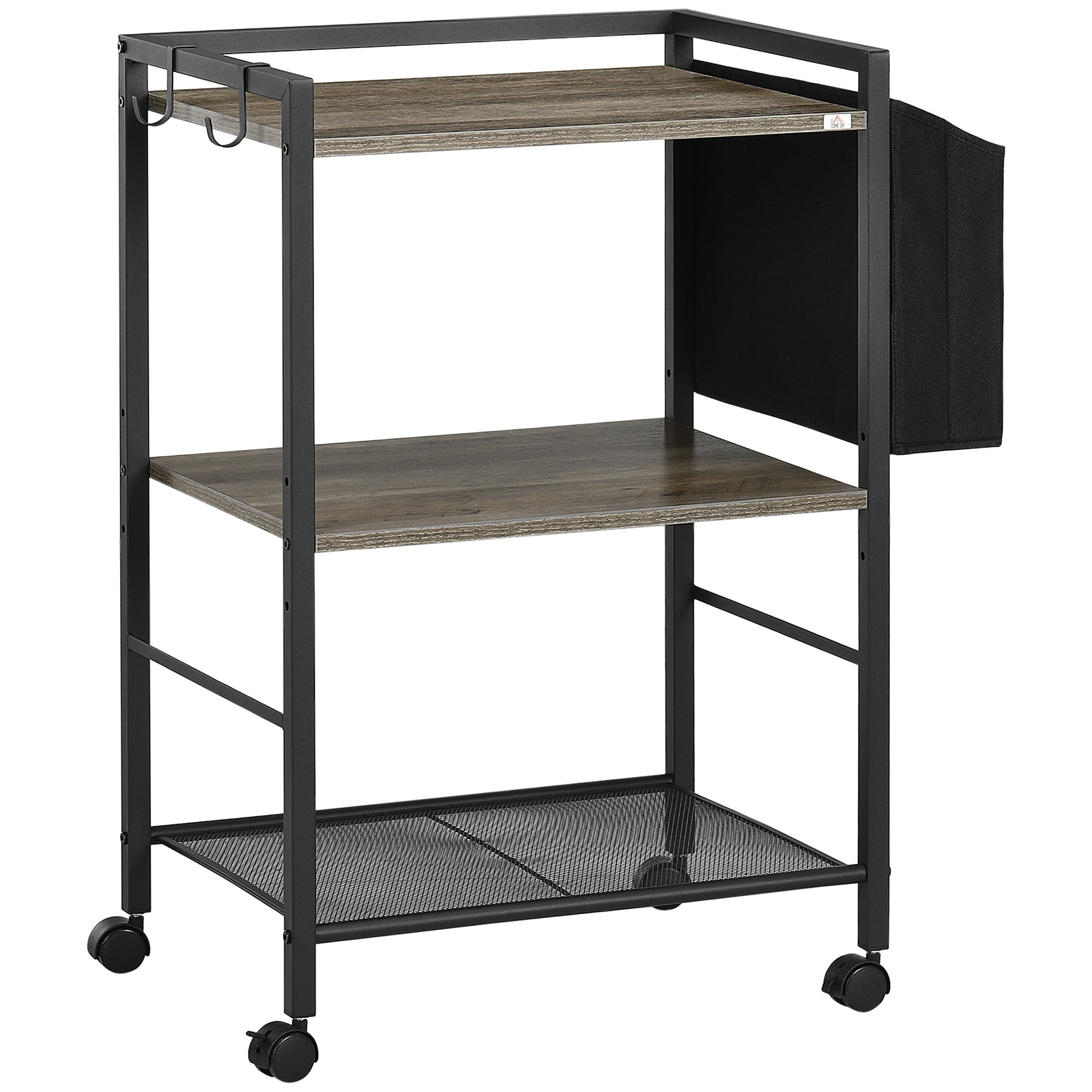 HOMCOM Rattaga Utility Cart 3-Tasandiga Ladustamisratas, Kangast Kott, 2 Konksu ja Terasraam, Elutuppa, Köök, Söögituba, 66x40x80.5 cm Hall