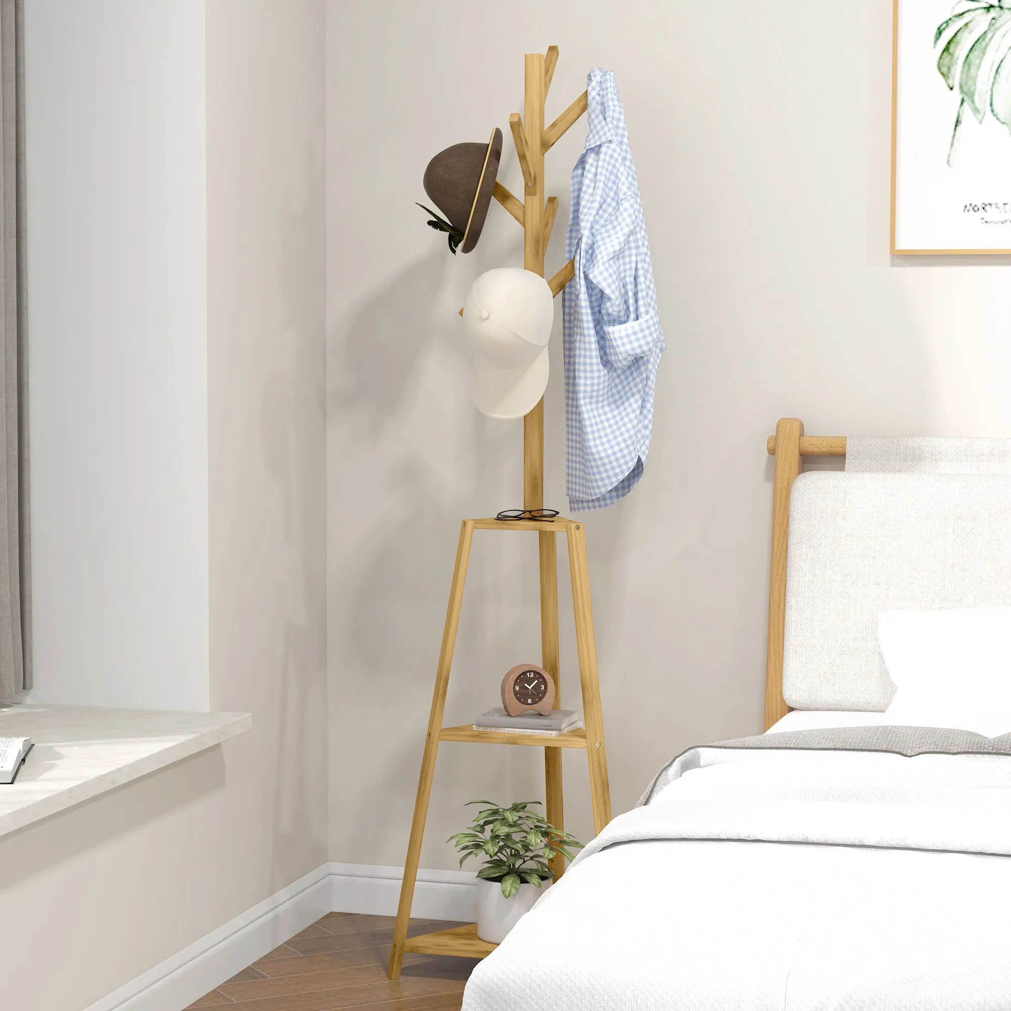 Bamboo Wood Coat Rack Stand, Clothes Hanger with 8 Hooks, 3 Shelves, Wardrobe, 46 x 46 x 175 cm, Entryway Furniture for Clothes, Hats, Entry, Natural