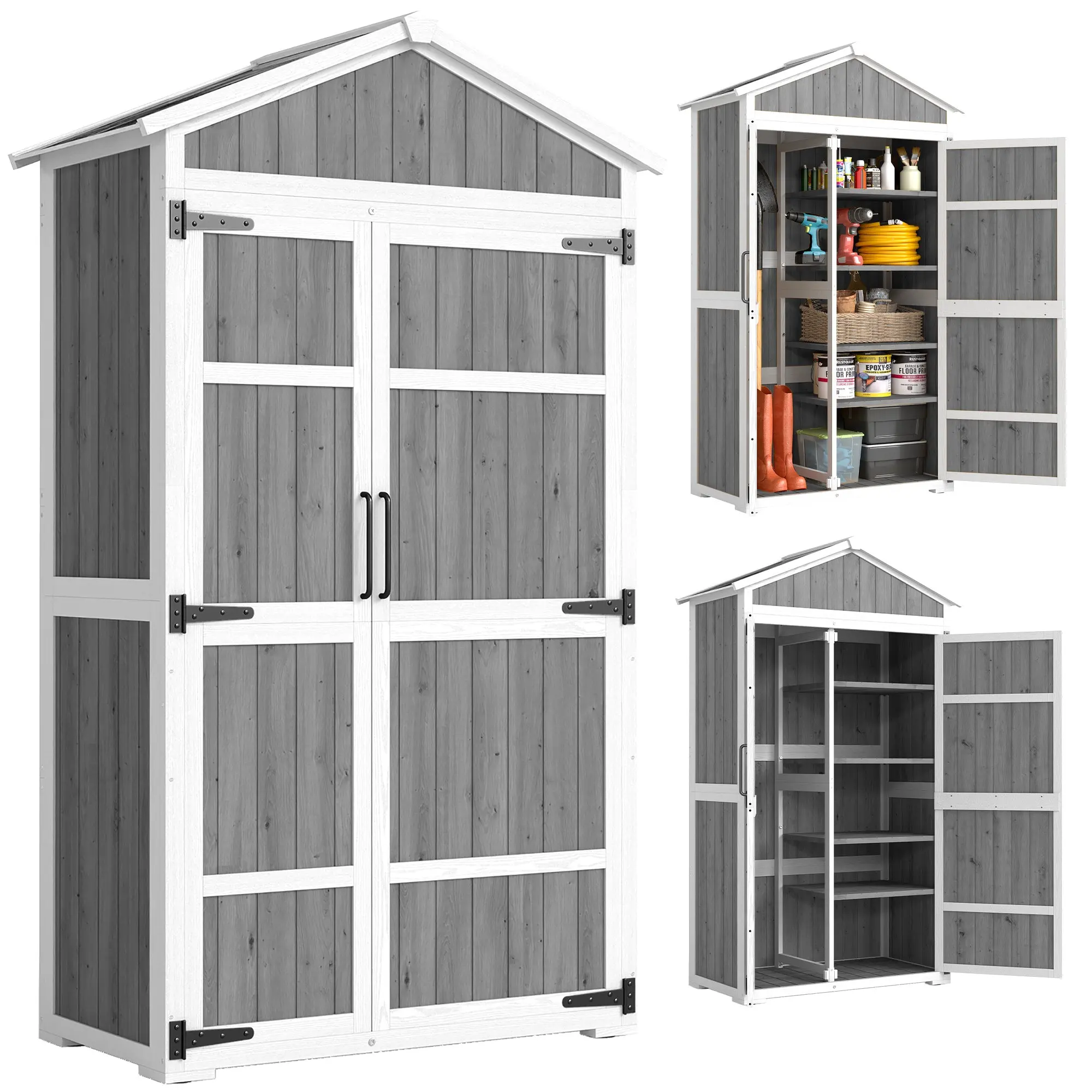 Wooden Garden Cabinet — Waterproof Outdoor Storage with Metal Roof, Double-Door Patio Organizer for Gardening Tools, 41.3 x 21.7 x 70.5 in (White & Gray)