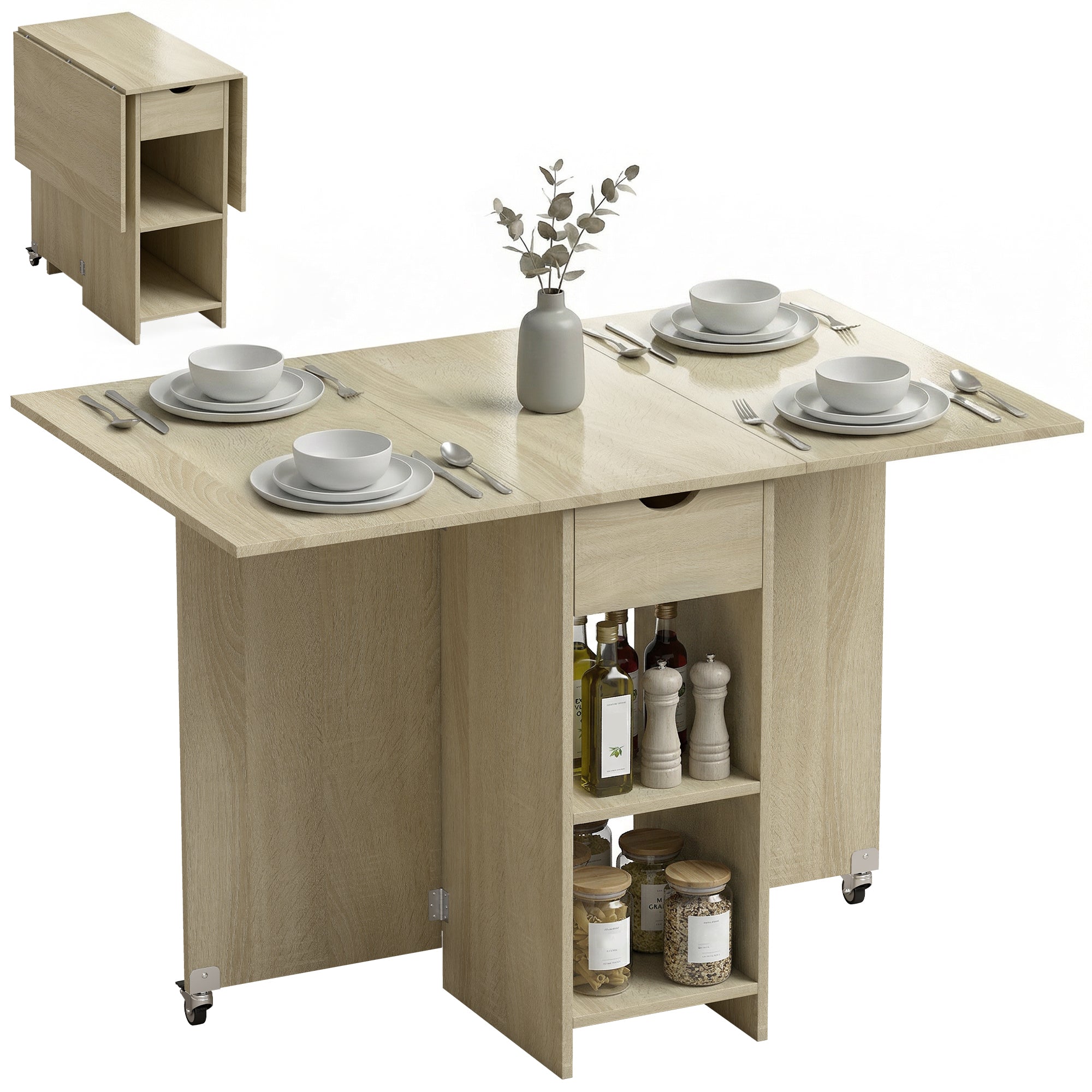 HOMCOM klapbart spisebord med skuffe og 2 hylder, 2–4 personer, naturligt trælook, 114,5 x 70 x 75 cm
