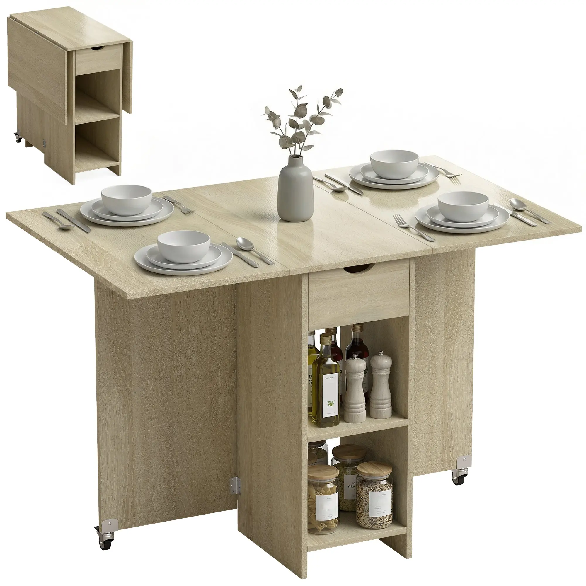 Foldable Dining Table with Drawer and 2 Shelves, Seats 2–4, Modern Space-Saving Kitchen/Dining Table, Natural Wood, 114.5 x 70 x 75 cm (45.1 x 27.6 x 29.5 in)