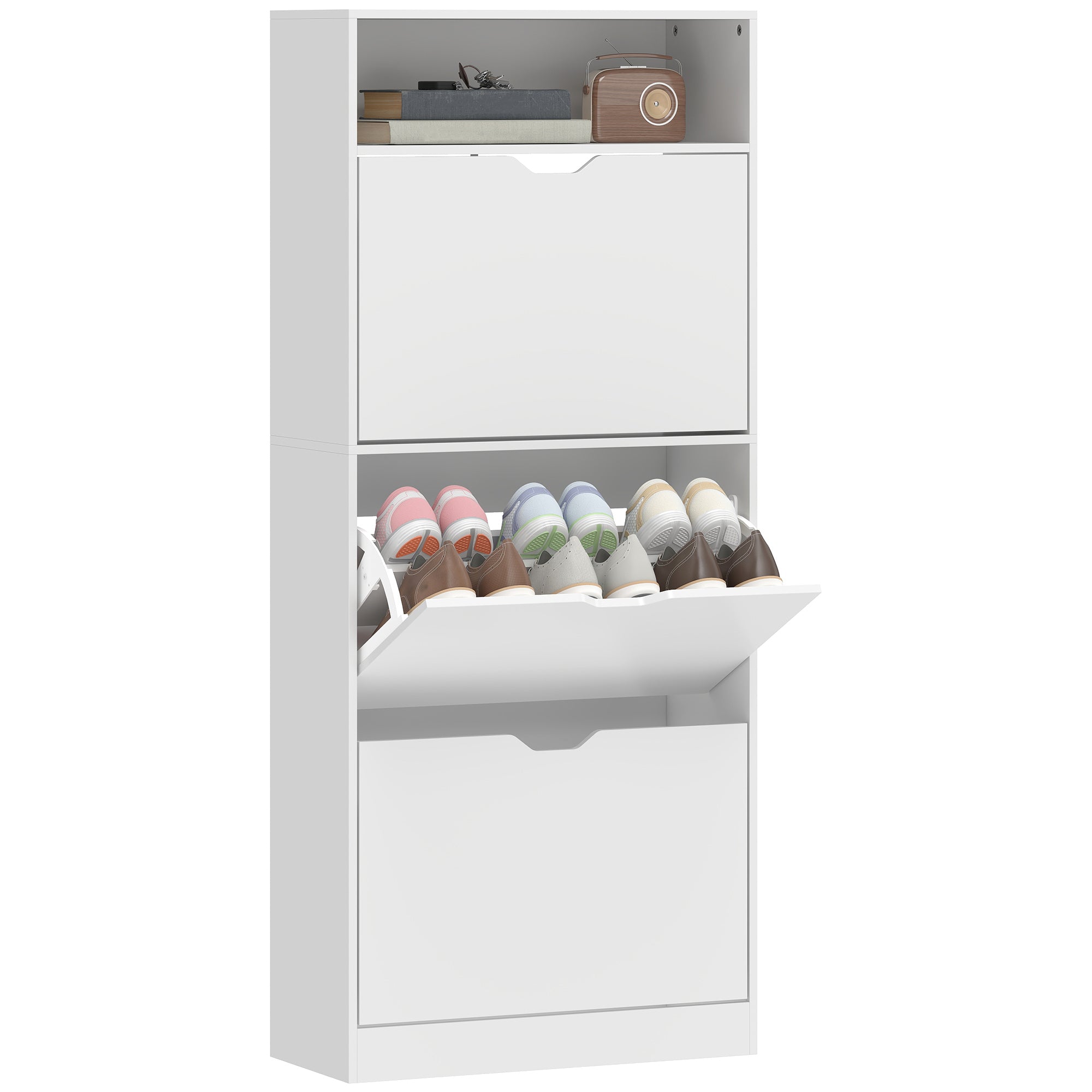HOMCOM Schuhschrank für 12–18 Paar – schlanke Schuhaufbewahrung mit 3 Kippfächern, offenem Fach & verstellbaren Einteilungen, für Flur & Eingang, 60 x 26 x 140 cm, Weiß