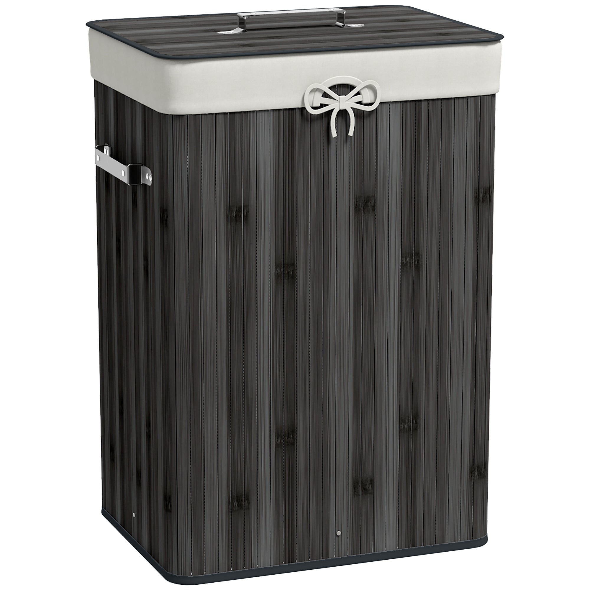 HOMCOM Faltbarer Wäschekorb aus Bambus mit Deckel, Griffen und herausnehmbarem Beutel für das Badezimmer 40x30x60 cm Dunkelgrau