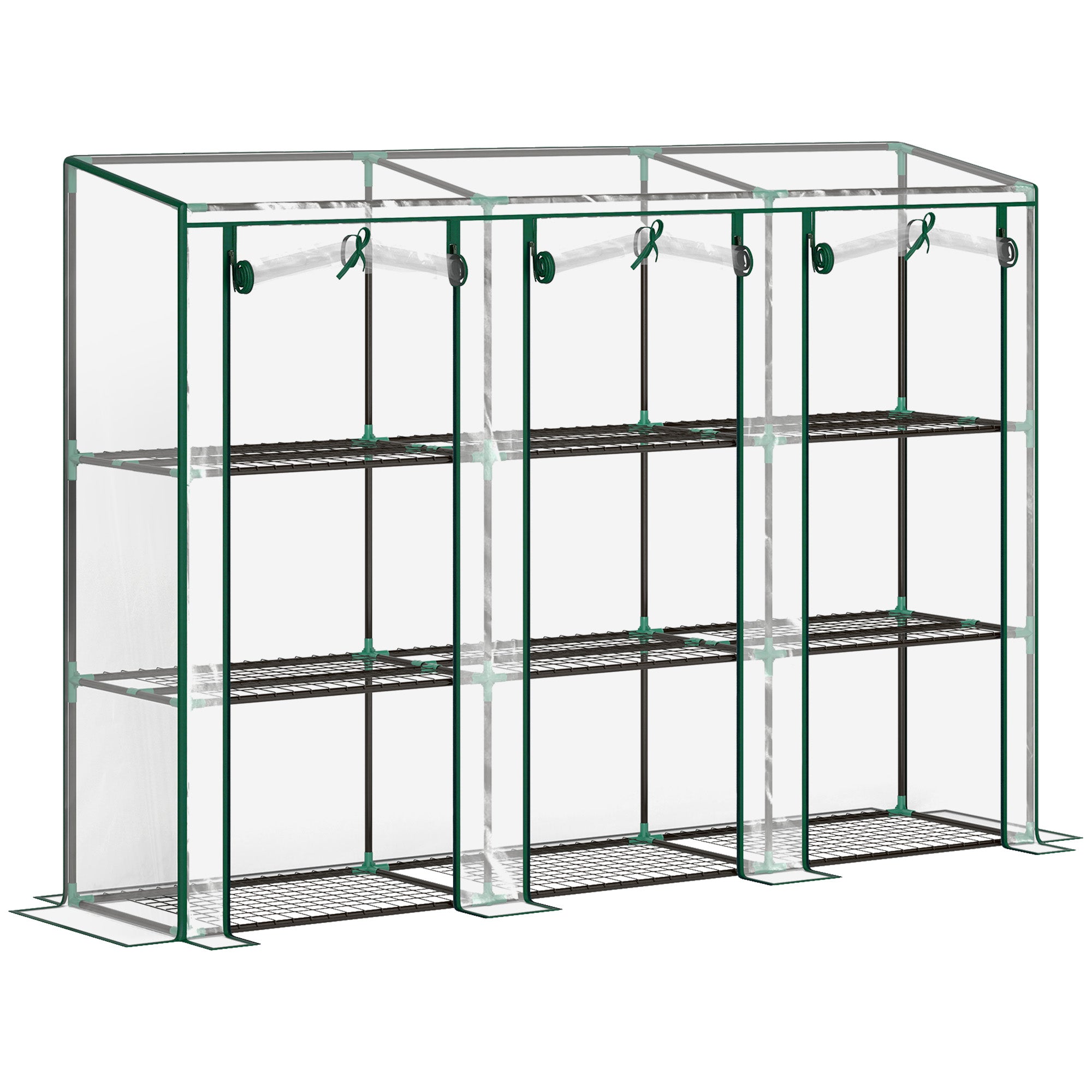 Outsunny Klenge Gewächshaus Draußen Gewächshaus mat 3 Niveau Schafte Roll-Up Reissversécherungstüren an Stahlrahmen Gewächshaus fir d'Planzen a Blummen anzepflanzen 215x46x151 cm Transparent