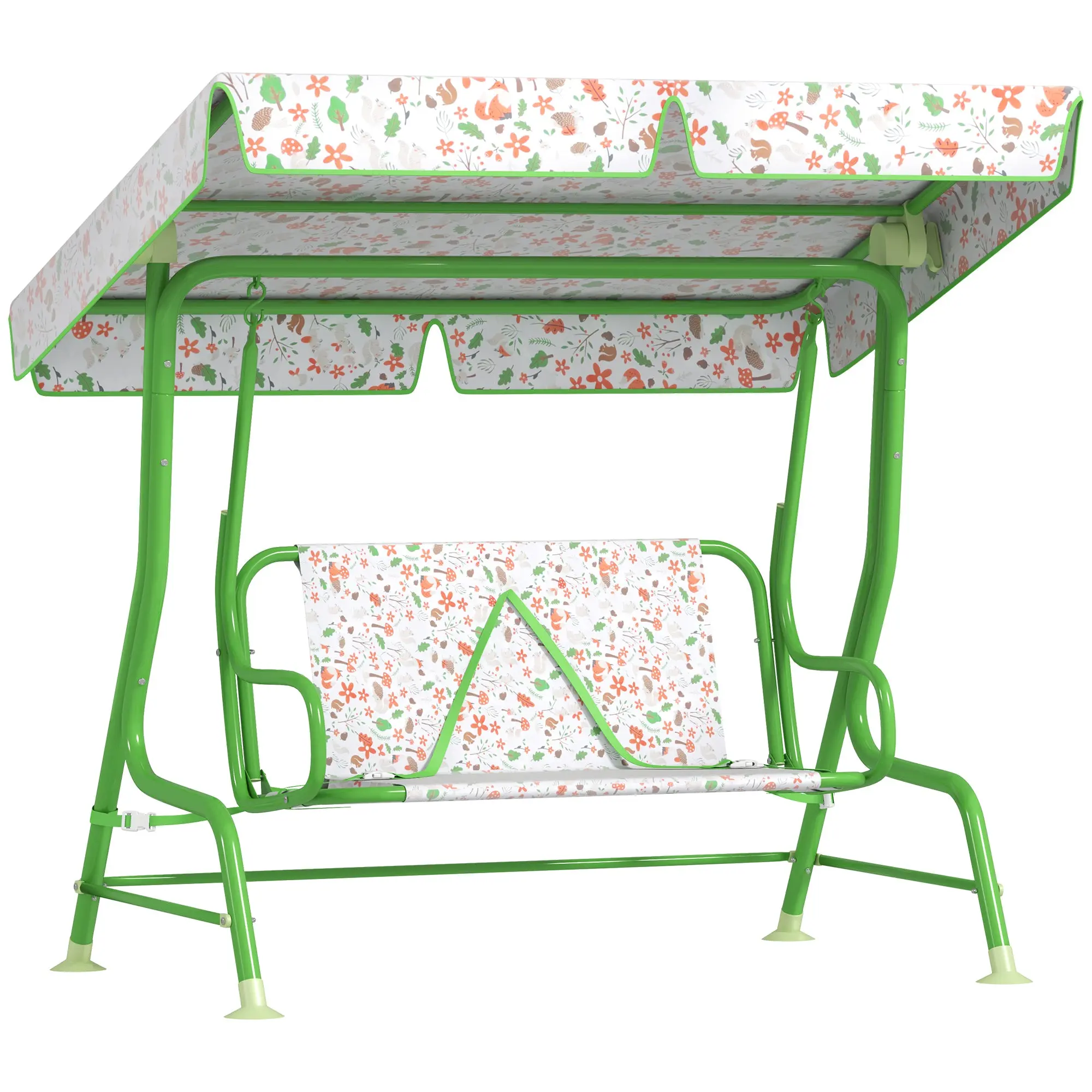 Outdoor Garden Swing for Children +3 Years Two-Seater Outdoor Garden Swing with Adjustable Canopy Safety Harness and Cute Prints 112x75x120 cm Green