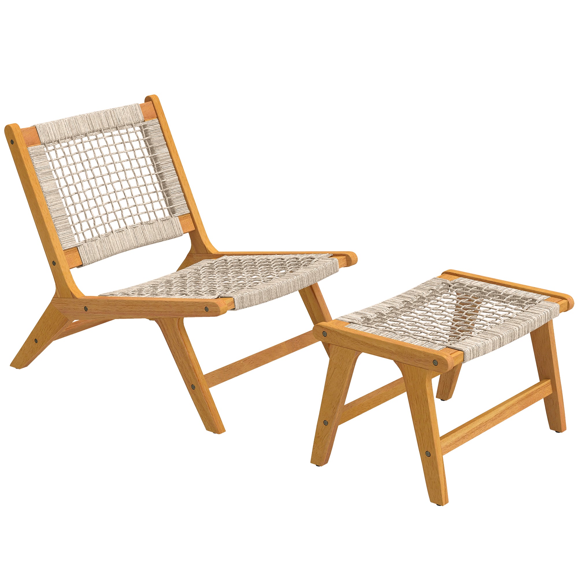 Outsunny 2‑osaline akatsiapuidust aiatool koos jalatoega – FSC‑sertifikaat, polürattanist istme, boho‑stiil, reguleeritavad jalad, beež (kandevõime 160 kg)