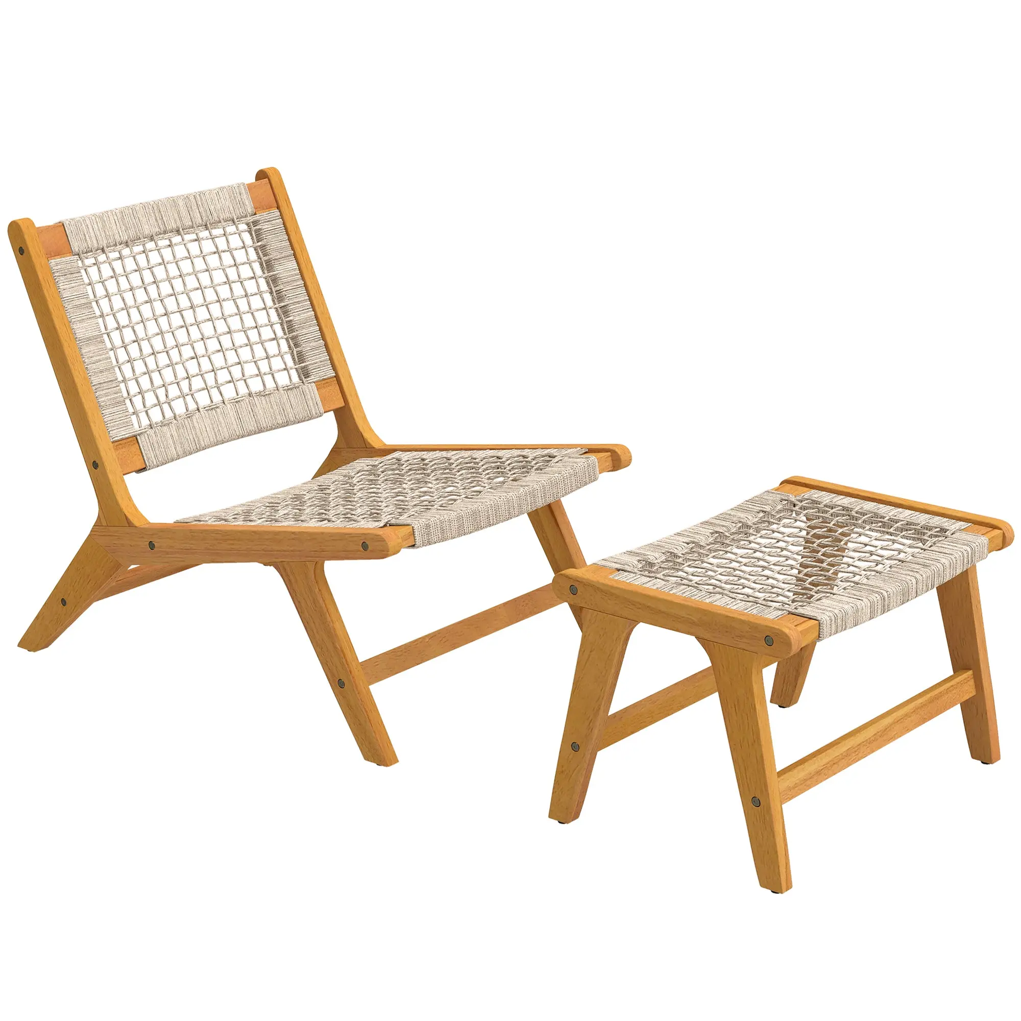 2-Piece Acacia Wood Outdoor Lounge Chair with Ottoman – FSC-Certified, Polyrattan Rattan Seat, Boho Style, Adjustable Feet, Beige (350 lb)
