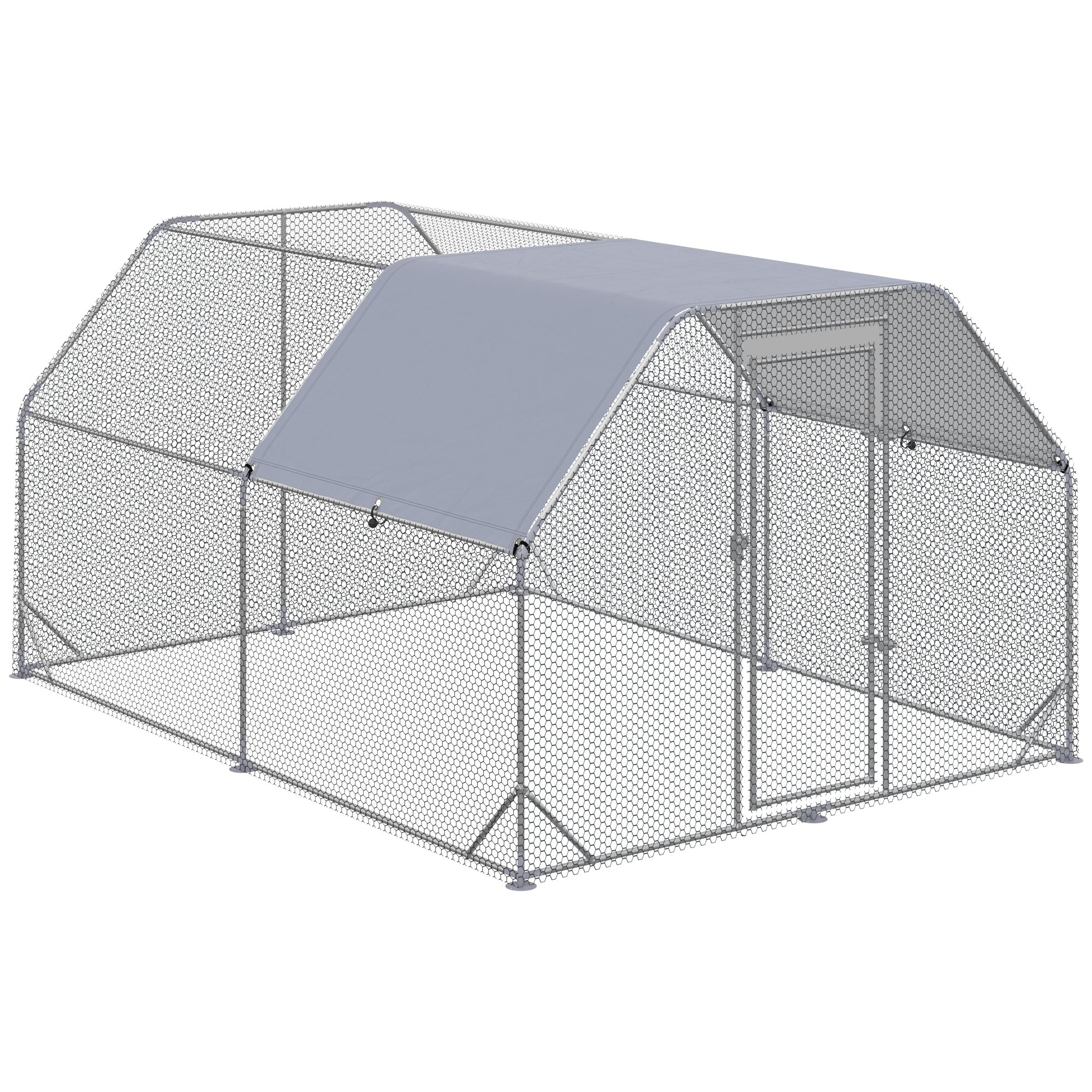Chicken Coop Free Range Enclosure, 280 x 380 x 195 cm Chicken Cage with Door, Chicken Enclosure with Water-Resistant Sunshade Roof, Poultry Coop for 10-12 Chickens, Oxford, Silver