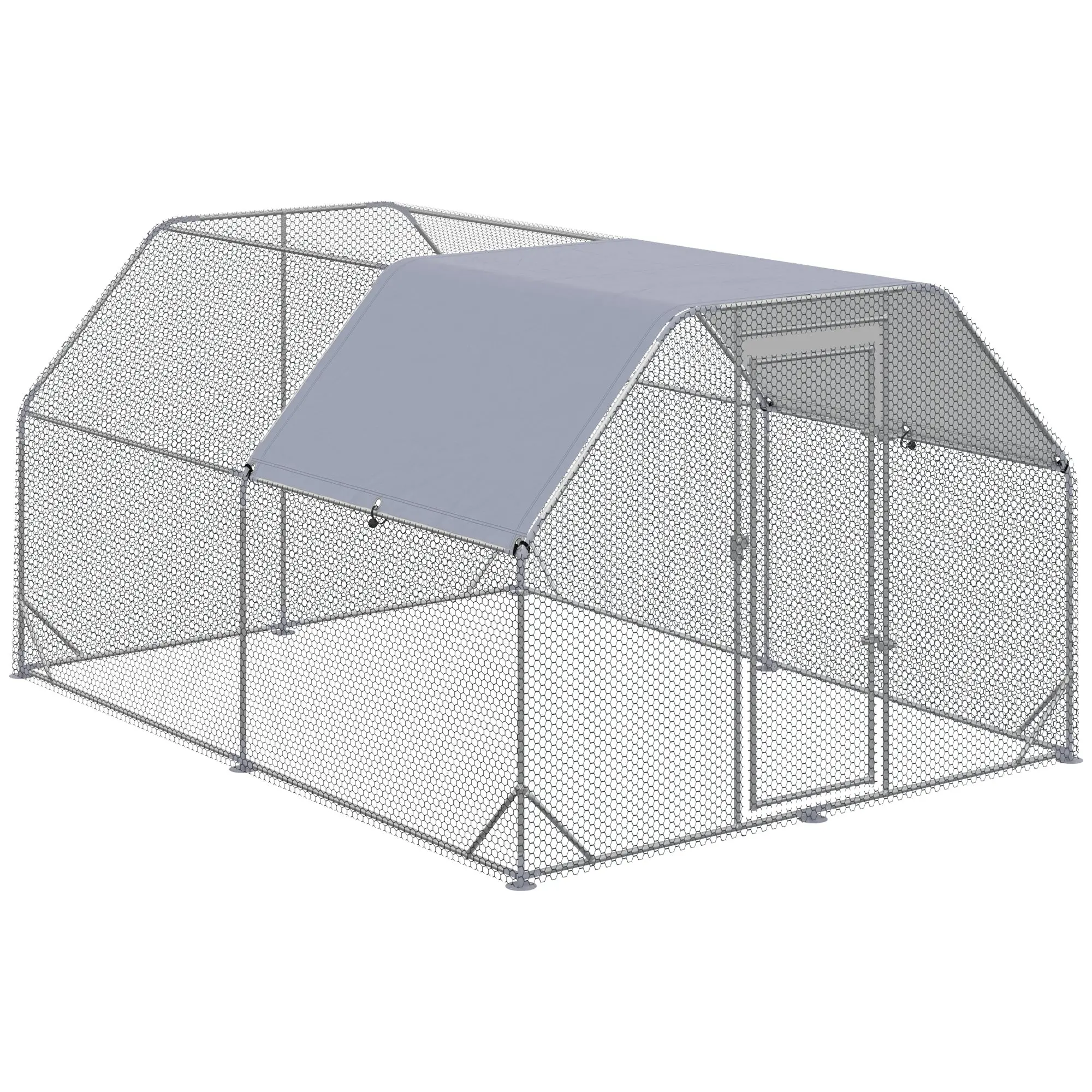 Chicken Coop Free Range Enclosure, 280 x 380 x 195 cm Chicken Cage with Door, Chicken Enclosure with Water-Resistant Sunshade Roof, Poultry Coop for 10-12 Chickens, Oxford, Silver