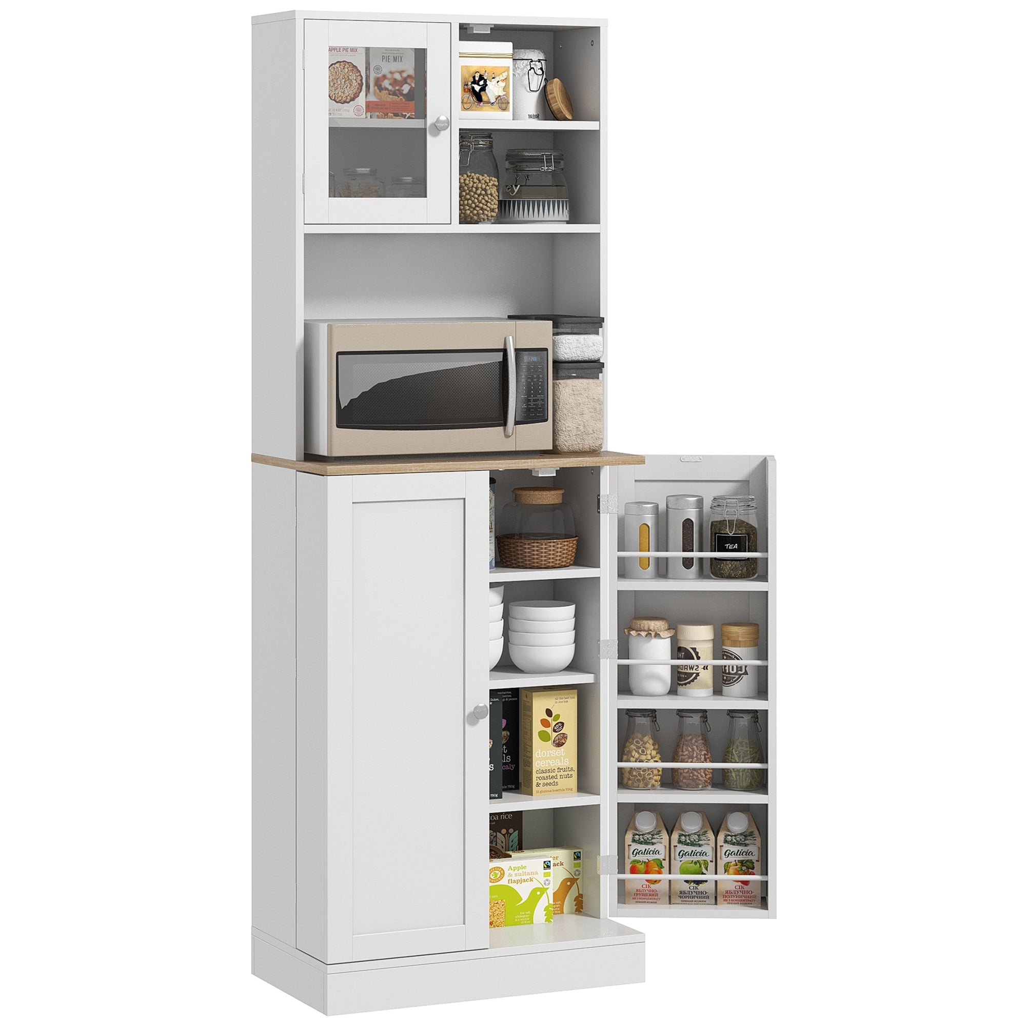 HOMCOM Кухненски Панк, Кухненски Шкаф, Кухненски Стенен Модул с 3 Врати, Регулируеми Рафтчета и 8 Странични Рафта за Трапезария и Хола 60x35x169 см Бял