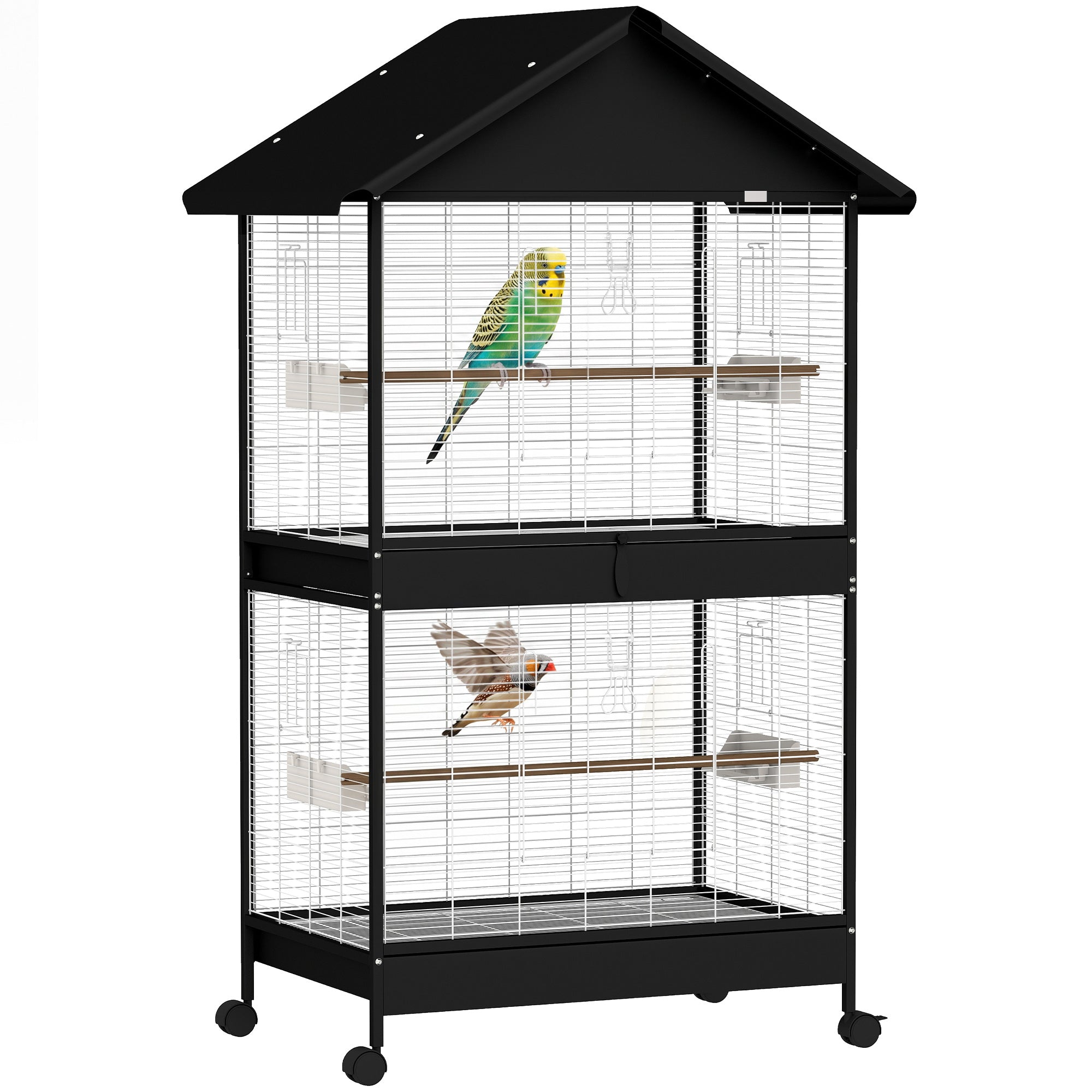 PawHut XXL Vogelvoliere mit herausnehmbarem Trenner, 2 Türen, 4 Holzstangen, Rollen, 2 Schubladen & 6 Futterstationen – 94 x 70 x 158 cm