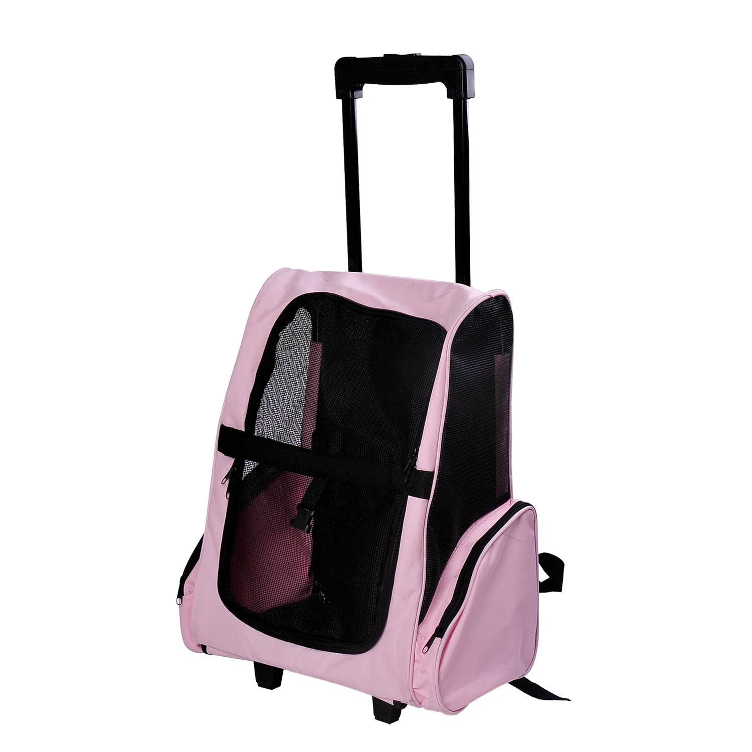 PawHut 2-i-1 Kæledyrsbærende Rygsæk eller Transportvogn til Hund og Kat med Aluminium Teleskophåndtag og Lommer 42x25x55 cm Pink