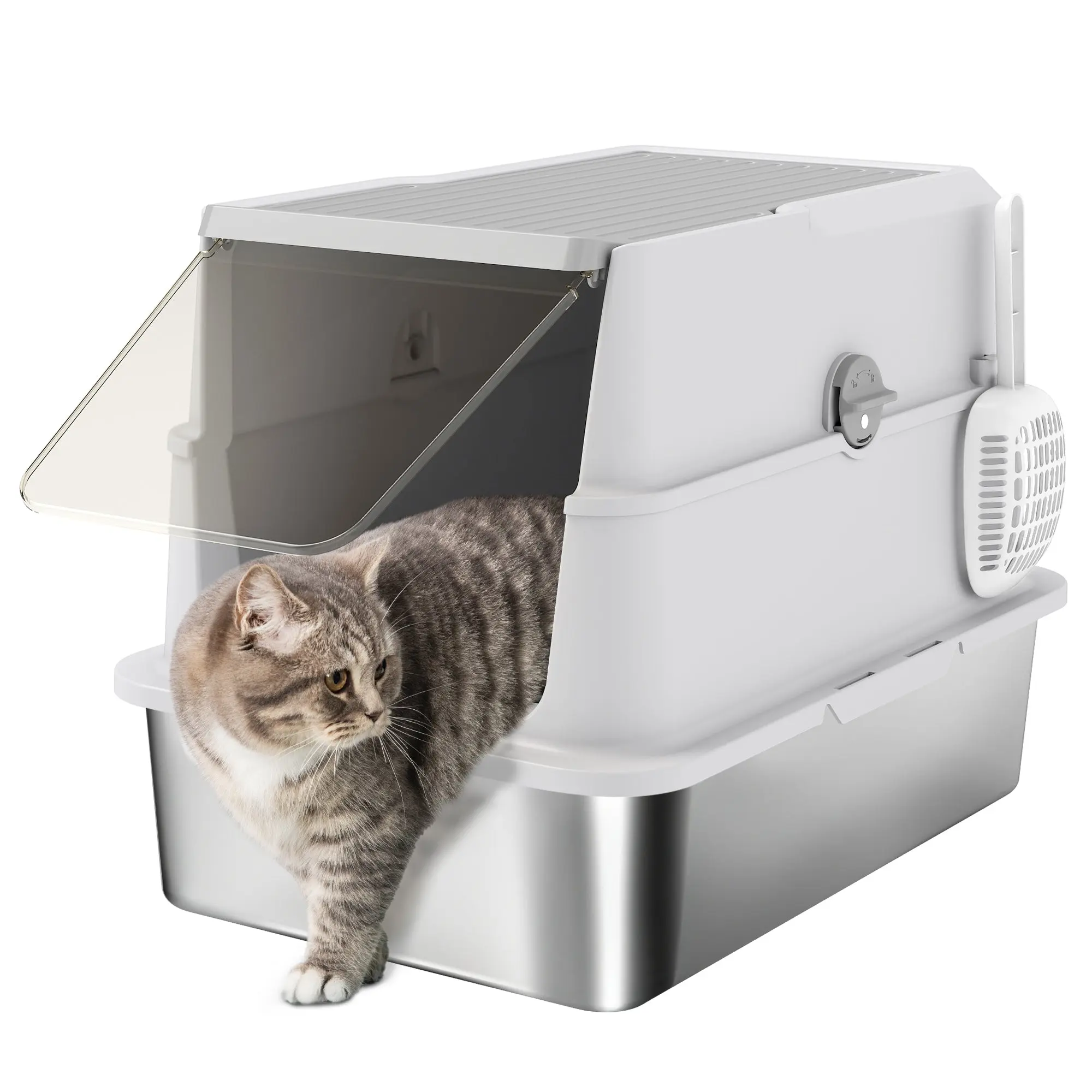 XL Stainless Steel Covered Cat Litter Box with Hinged Lid, Scoop & Deodorizer, Light Gray