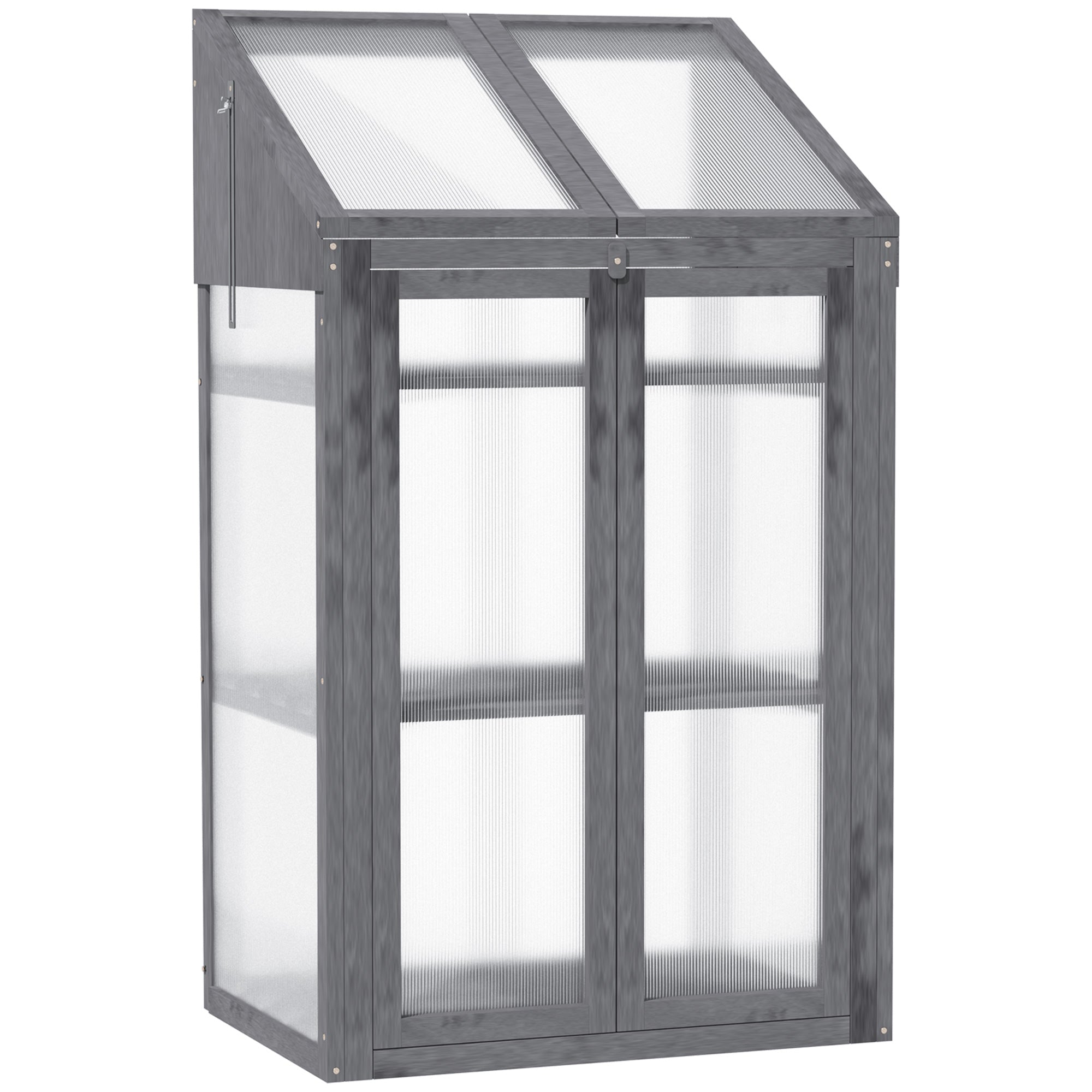 Outsunny Lesena Mini Rastlinjak 70 x 50 x 120 cm, Rastlinjak s Pokrovom, Okenčkom, Dvojnimi Vrati, Hladni Okvir s Prehodi in 3 Policami, Pozimi Odporen Dvignjen Vrtni Ležaj za Vrt, Balkon, Siva