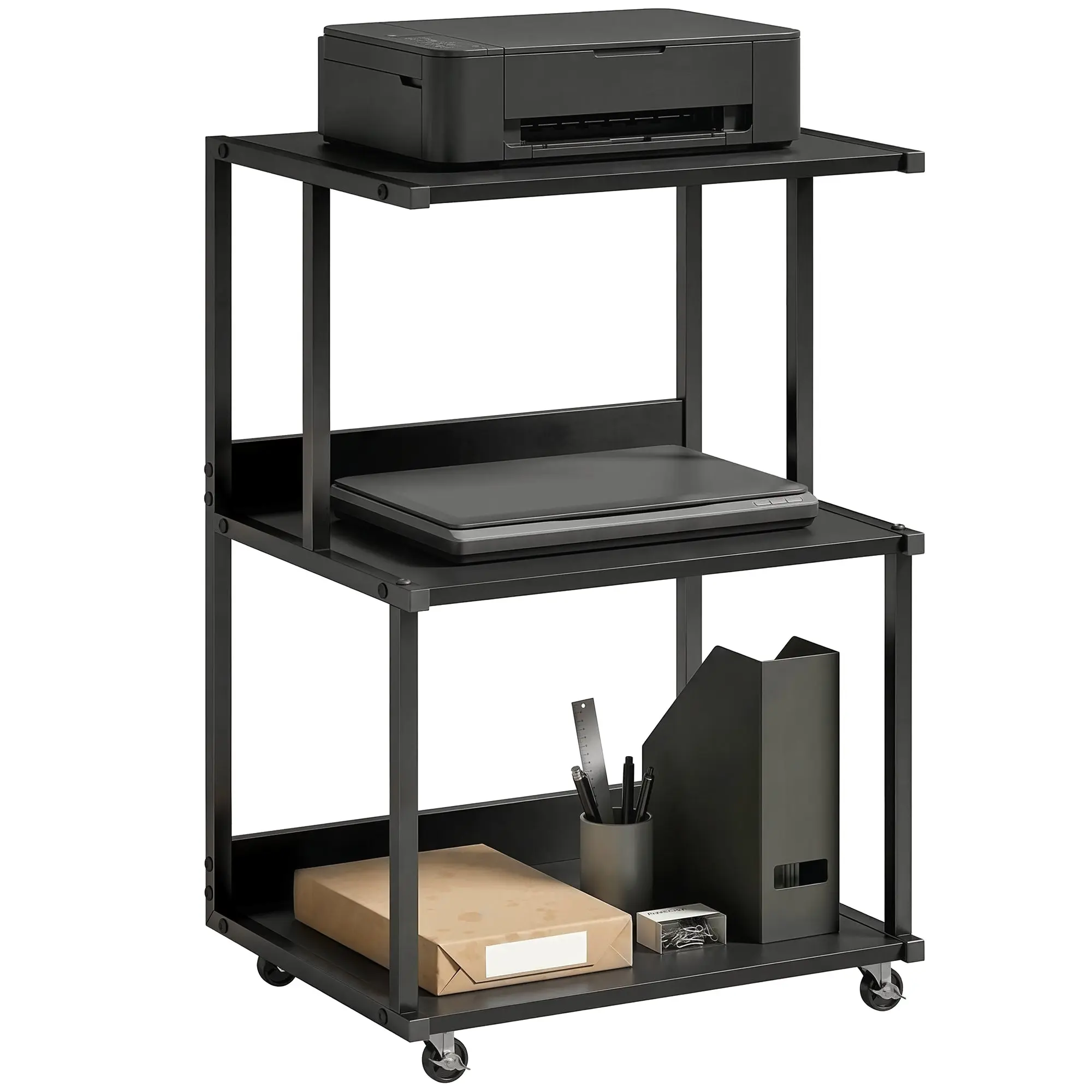 3-Tier Mobile Printer Cart with Locking Wheels — Space-Saving Metal & Wood Printer Stand, 19.7 x 15.7 x 29.5 in, Black