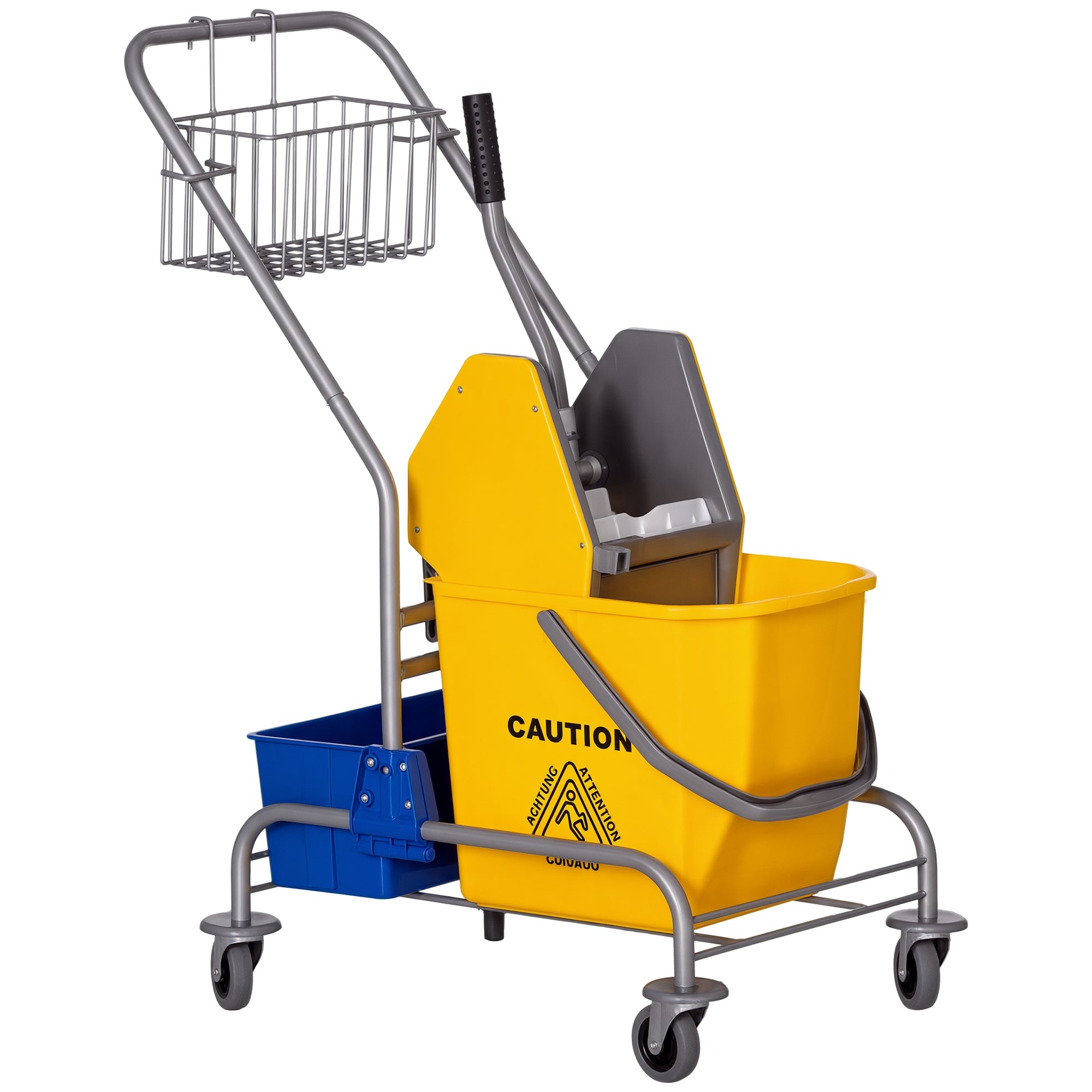 Chariot de Nettoyage HOMCOM avec Seau à Mop de 25L, Presse à Seau et Étagères pour Hôtel Bureau 72x49,5x95 cm Jaune