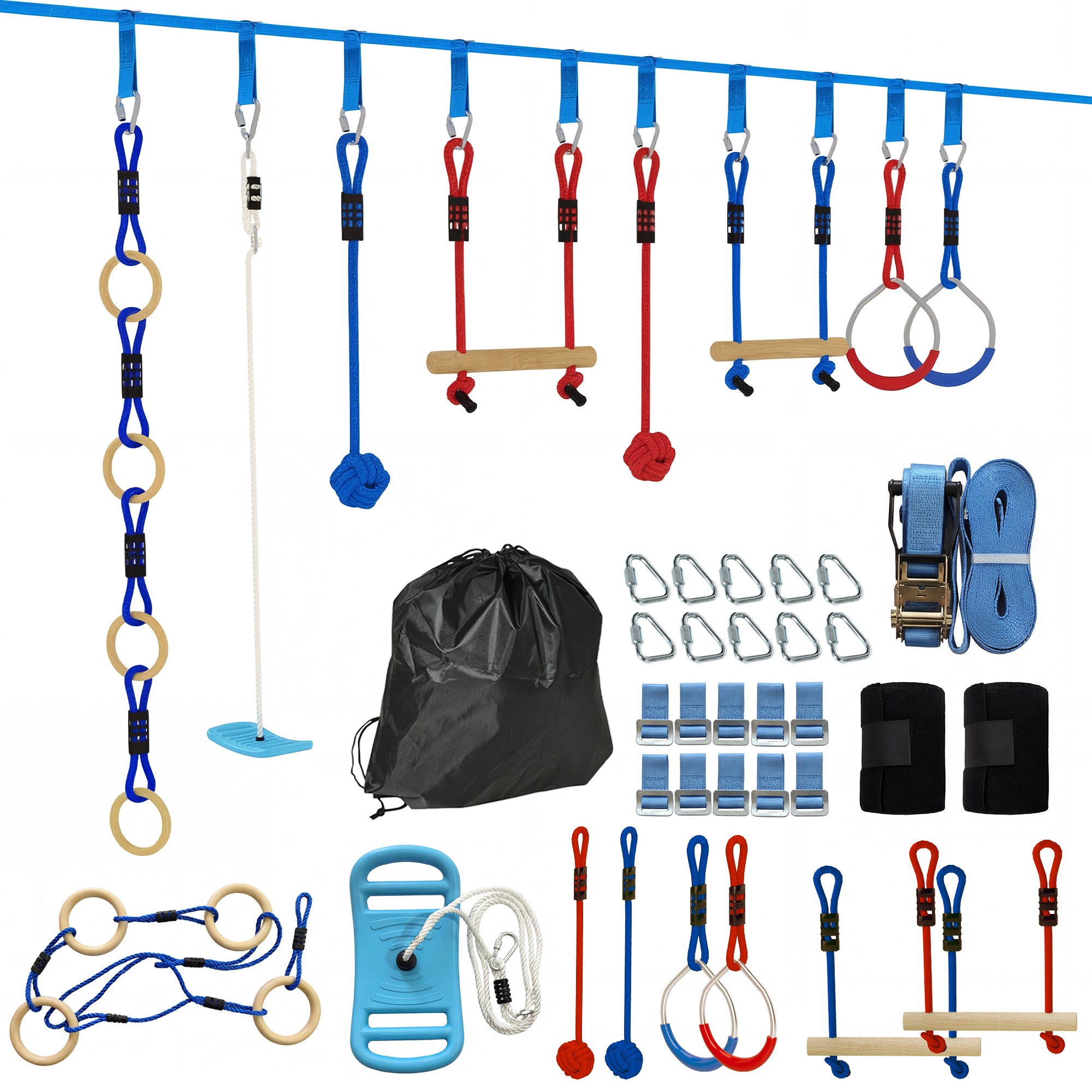 AIYAPLAY Ninja Line Kinder-Slackline 10 m – 9-teiliges Hindernis-Set mit Ringen, 3-in-1-Schaukel, Kletterstangen, Baumschutz, Greifbällen & Tragetasche – 3–8 Jahre, Mehrfarbig