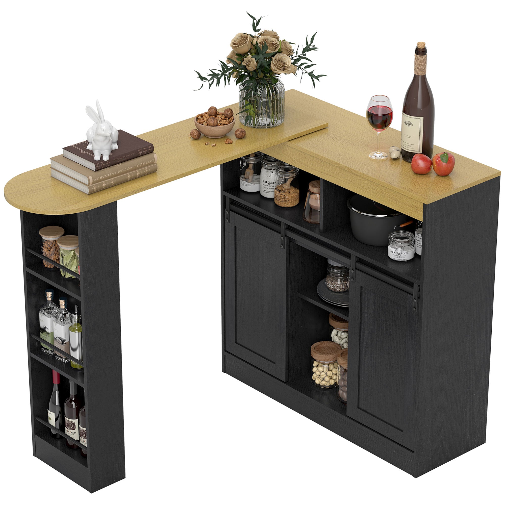 360° Rotating & Extendable Bar Table with Storage, L-Shaped Kitchen Counter with Sliding Doors & Shelves, Dining & Bistro Table, Black