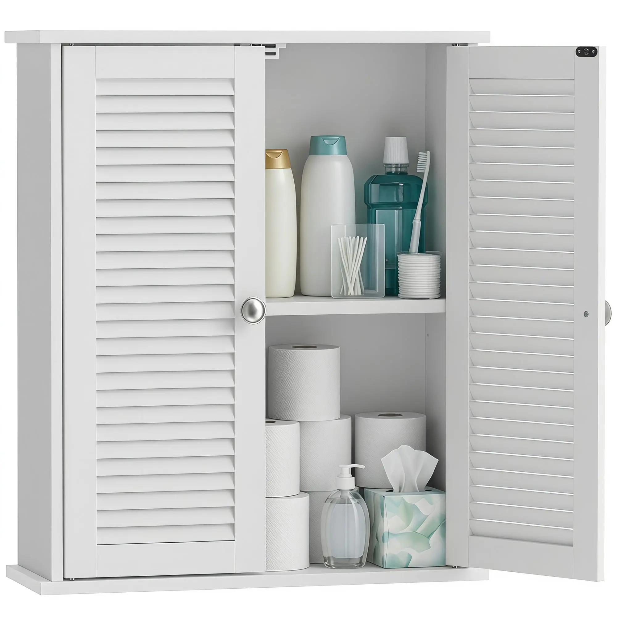 Wall-Mounted Bathroom Cabinet — Louvered Double Doors & Adjustable Shelf, 20.1 x 7.1 x 24.0 in, White