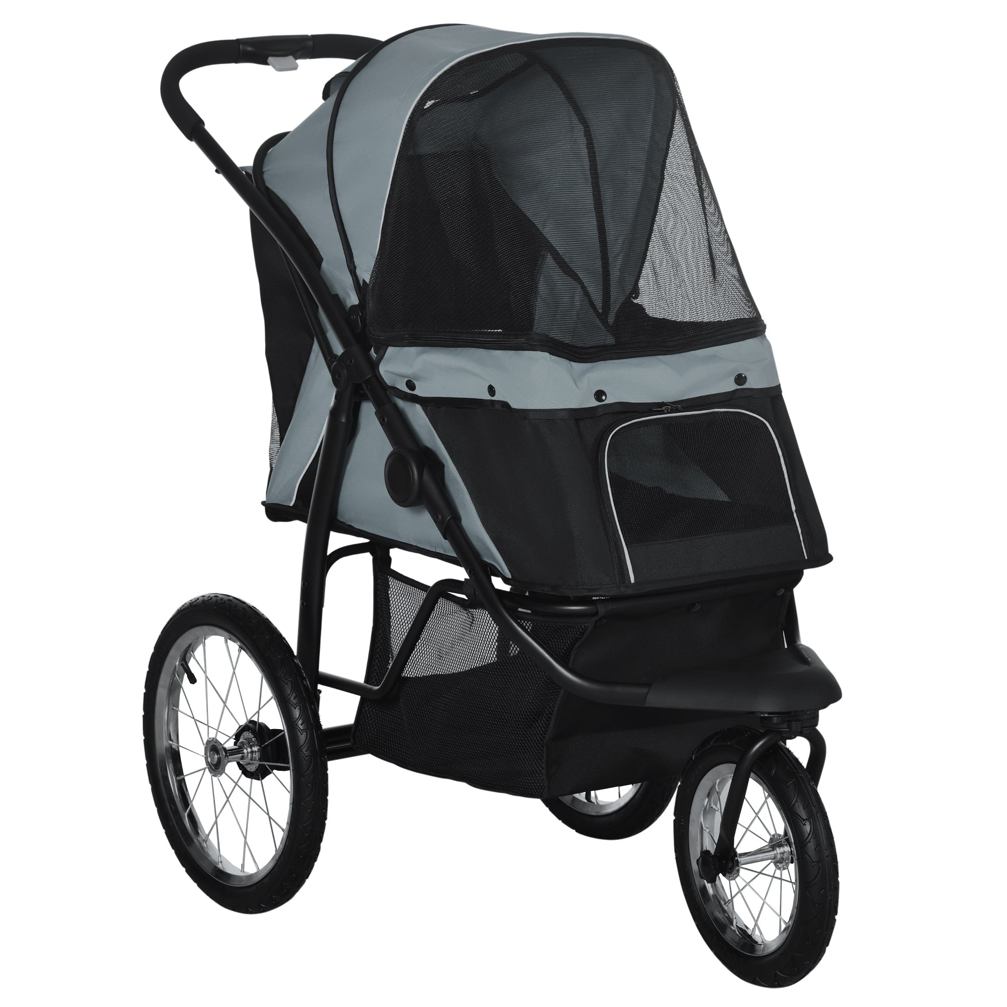 Dog Stroller for Small Dogs & Cats, Foldable Pet Buggy with All-Terrain Air Rubber Wheels, Adjustable Canopy, Mesh Windows, Front Door, Brake & Storage Basket, Grey