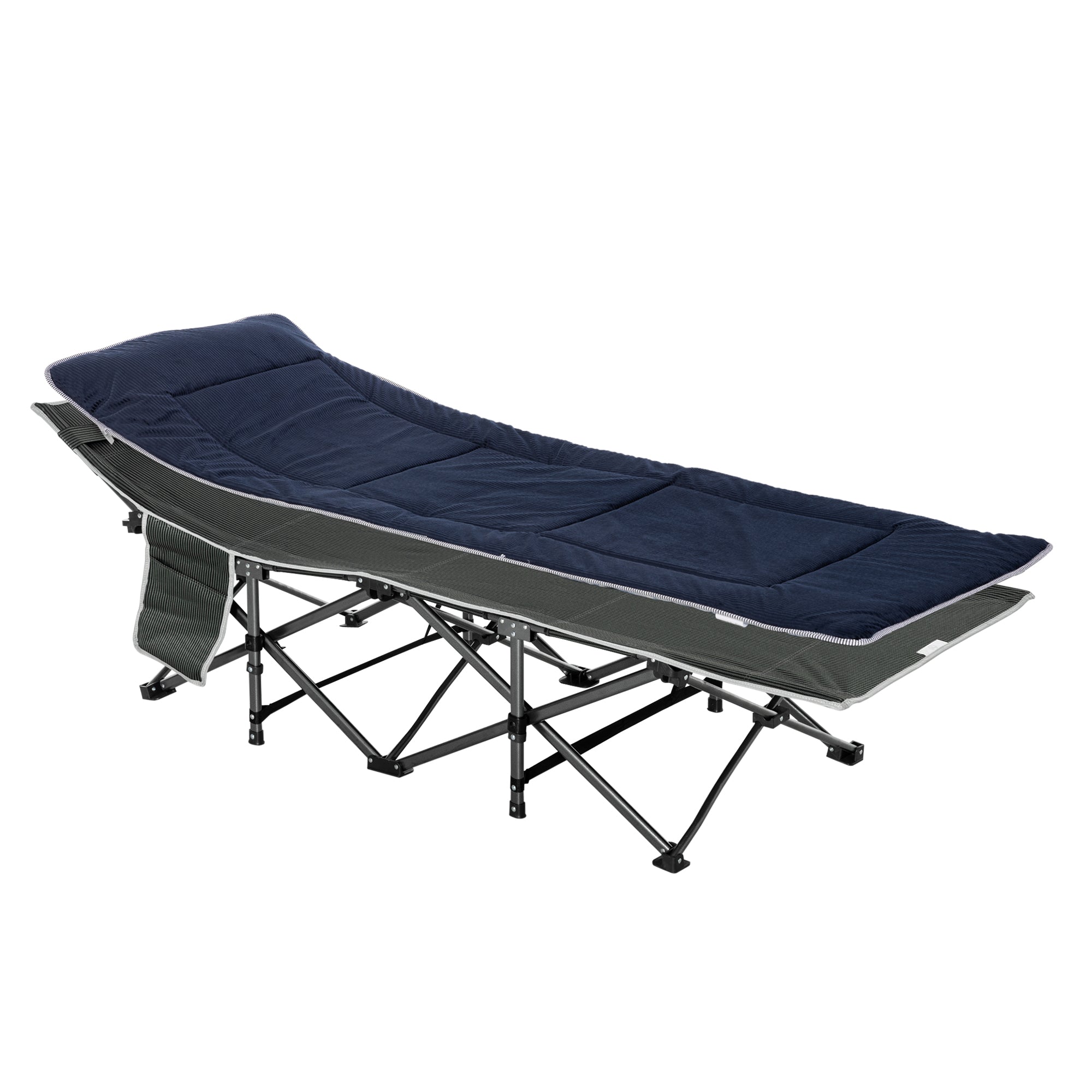 Outsunny Klappbares Campingbett mit Kopfkissen, Seitentasche und Matratze – Gästebett bis 150 kg, Reise Outdoor Oxford Dunkelblau + Grau, 188 x 64,5 x 53 cm