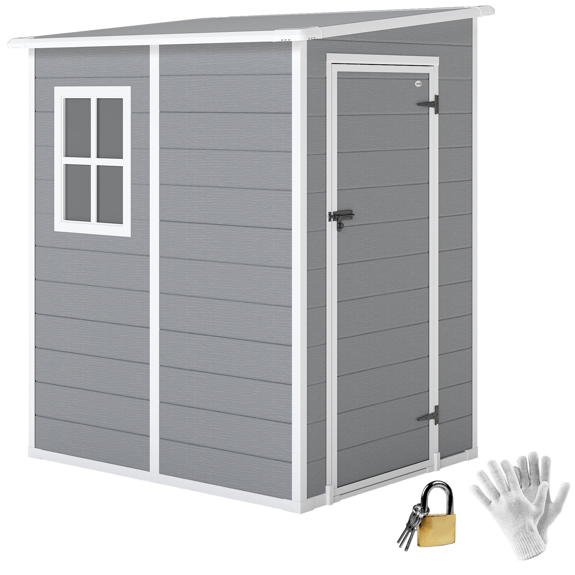 Tool Shed 1.54m?, Garden Shed with Pent Roof, Base 122 x 149 x 192/177 cm, Weatherproof Tool Shed with Lockable Door, Window, Plastic Garden Cabinet, for Backyard, Garden, Gray