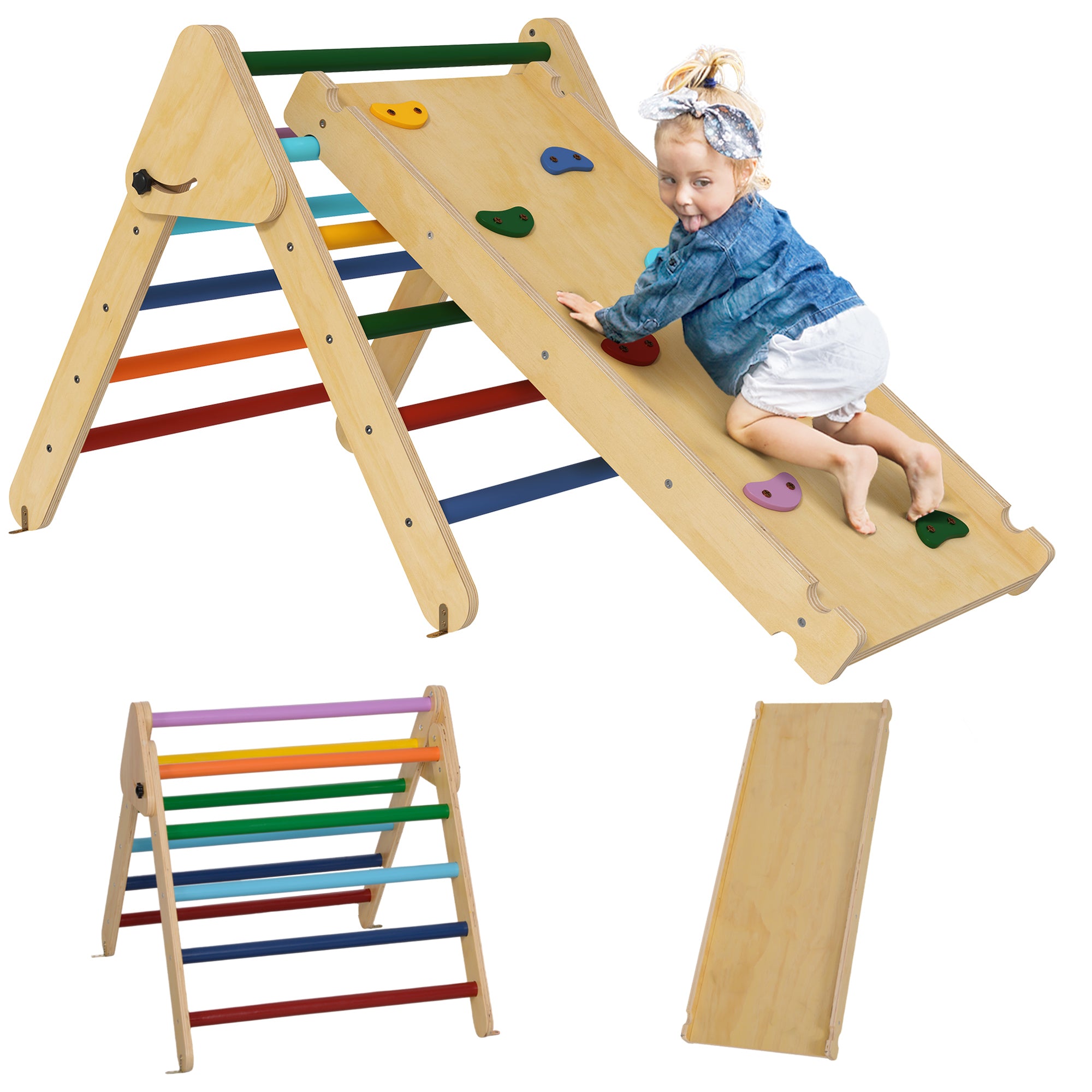 AIYAPLAY Zložljiv Leseni Plezalni Trikotnik 3 v 1 Igrača za Plezanje za Otroke od 18 do 48 Mesecev z Drsno Rampico 147x64.5 cm Večbarvno