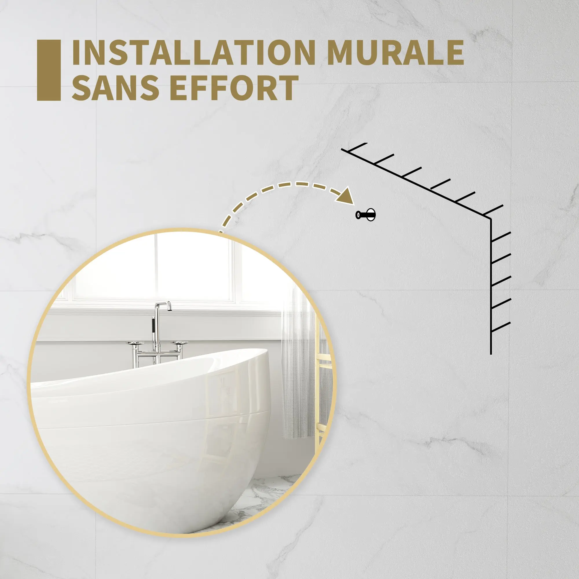 Round Mirror, Bathroom Mirror, Diameter 70 cm, Metal Frame, Wall Mirror, Easy to Install, for Bedroom, Living Room, Entryway, Gold