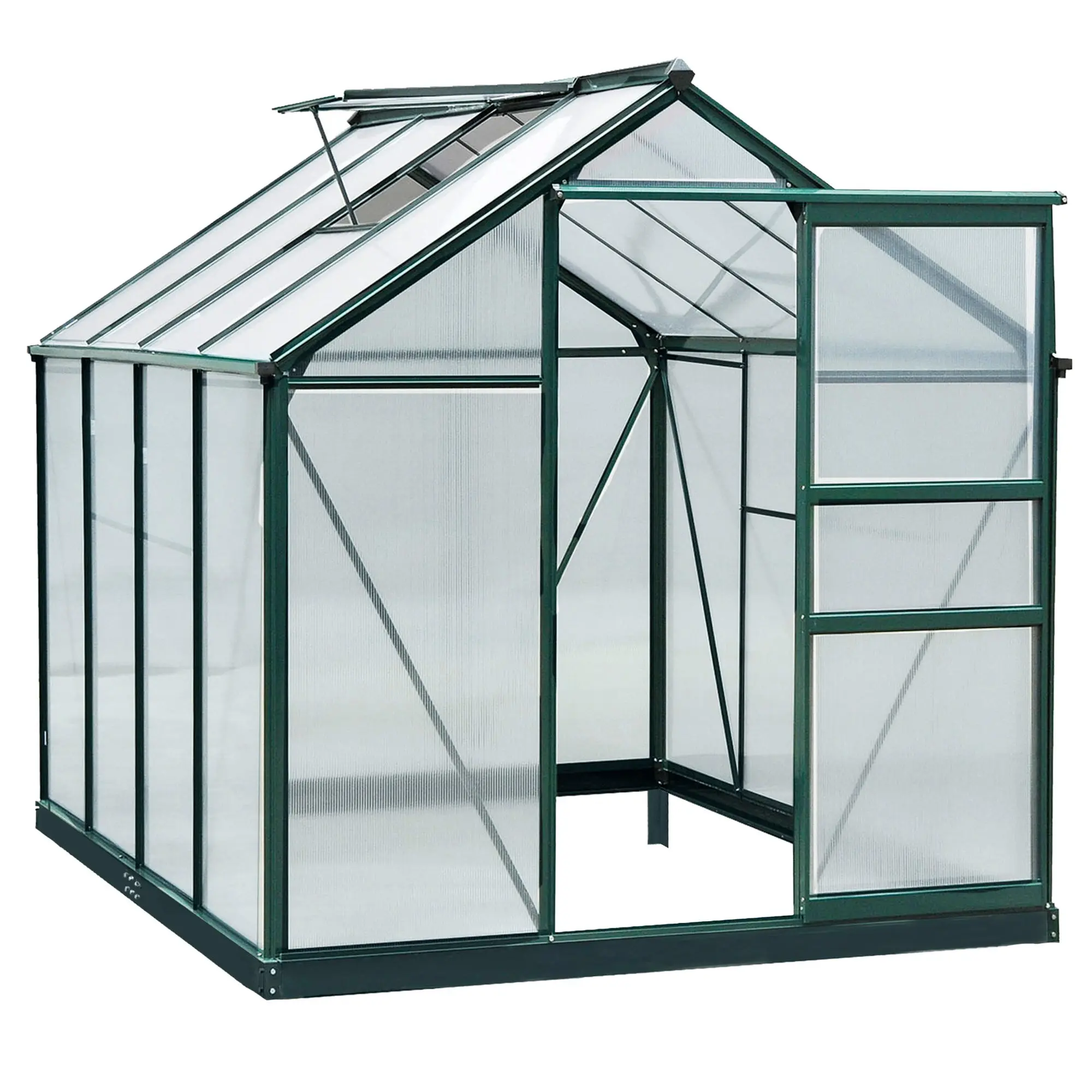 Greenhouse Aluminium Greenhouse with Roof Window Door 190 x 252 x 201 cm Plant House with Foundation Walk-In Tomato Greenhouse Weather-Resistant Polycarbonate Green+Transparent