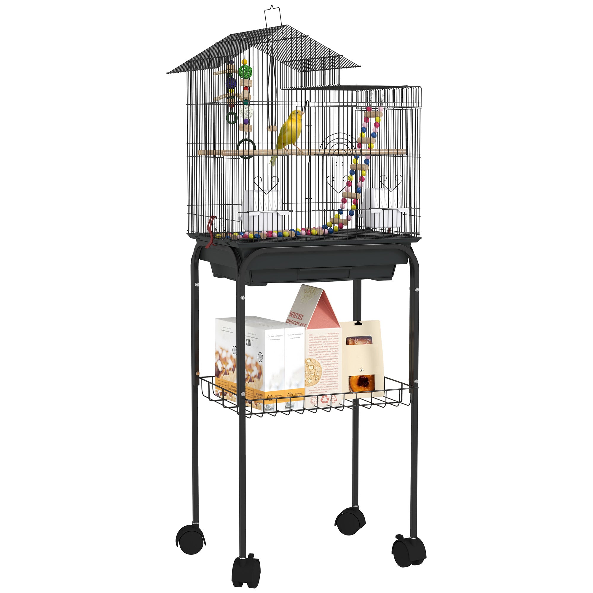 PawHut Vogelkäfig mit Rollen Vogelvoliere mit mehreren Türen, 2 Futterstellen, 2 Sitzstangen, Schaukel, Leiter und herausnehmbarem Tablett für Papageien, Kanarienvögel, Wellensittiche 46x36x120 cm Sch