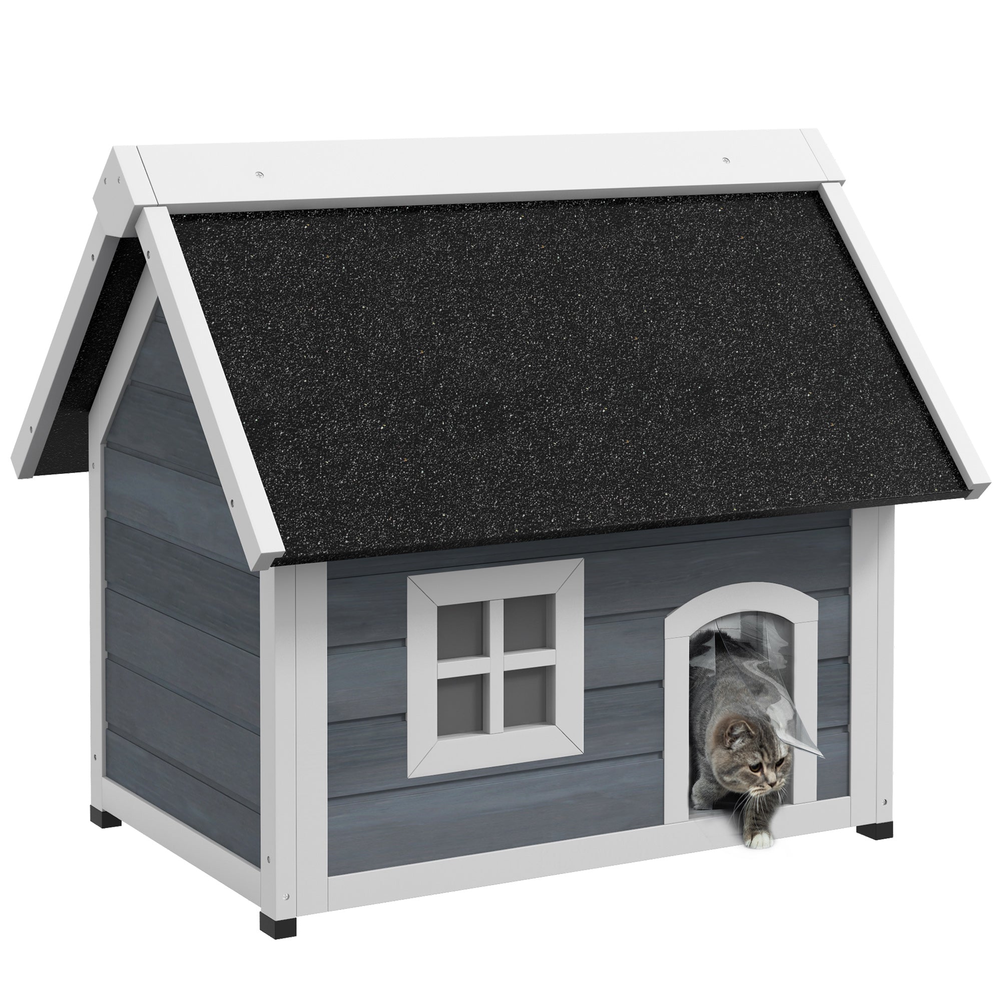 PawHut Outdoor Wooden Cat House Weatherproof Cat Shelter with 3 Doors, Side Ramp Entrance, Foldable Asphalt Roof and Raised Feet, Garden Cat Cottage with Window 77 x 57.5 x 68 cm Grey