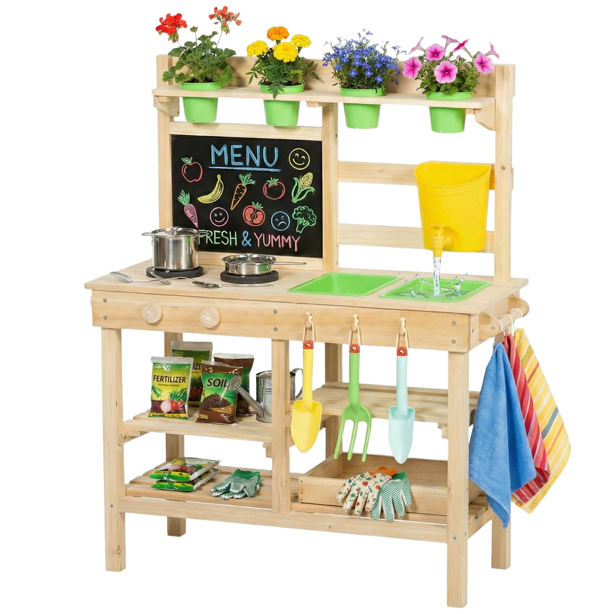 Outdoor Toy Kitchen — Wooden Play Kitchen with Planters, Sink, Faucet, Stainless-Steel Utensils, Chalkboard, Shelves & Hooks — Ages 3–6, Natural