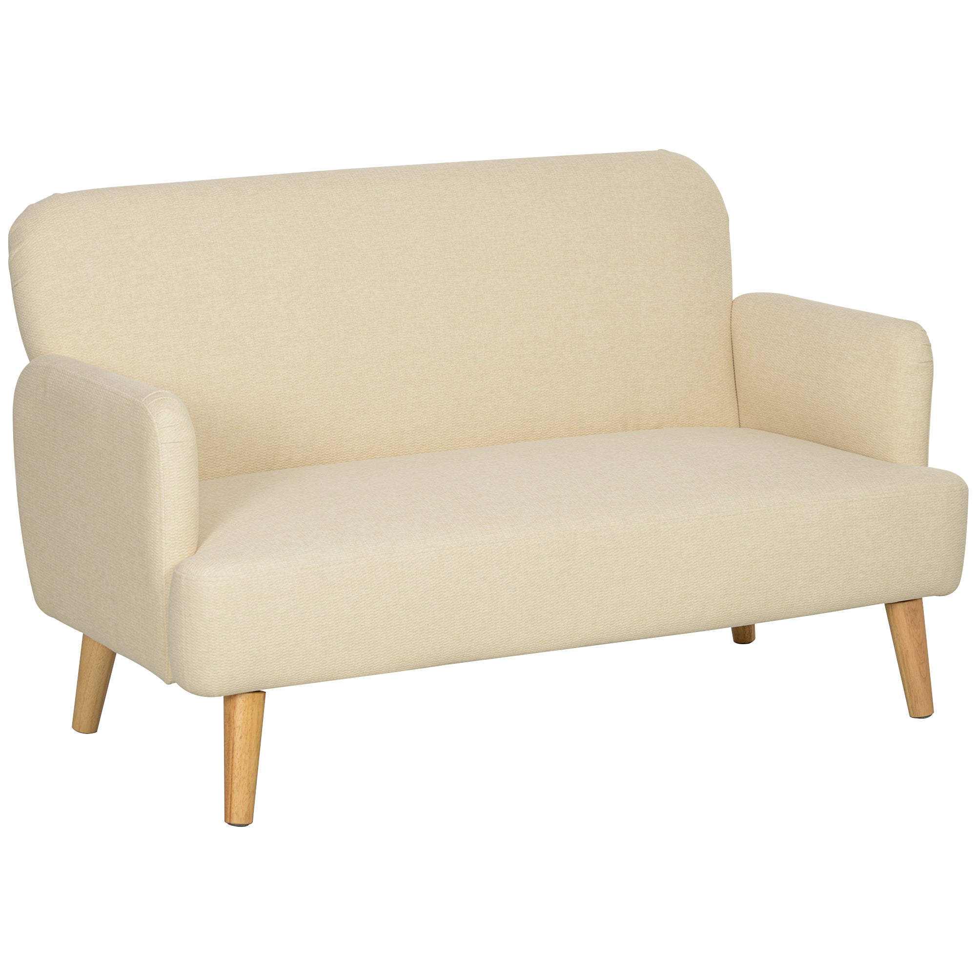 HOMCOM 2-Sëtz Sofa, Kleng Couch mat Velvet Optik, Holzfäiss, Dick gepolstert Upholstersofa mat Armlehnen fir d'Liewensräume, Schlofzëmmer, 130 x 74 x 79 cm, Crème Wäiss